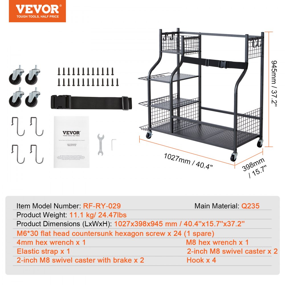 VEVOR Golf Storage Garage Organizer, 2 Golf Bag Stand Holder and Other Sports Equipment Storage Rack, Rolling Ball Cart on Wheels, Outdoor Sport Gear and Toy Storage with Baskets & Hooks, Steel, Black 