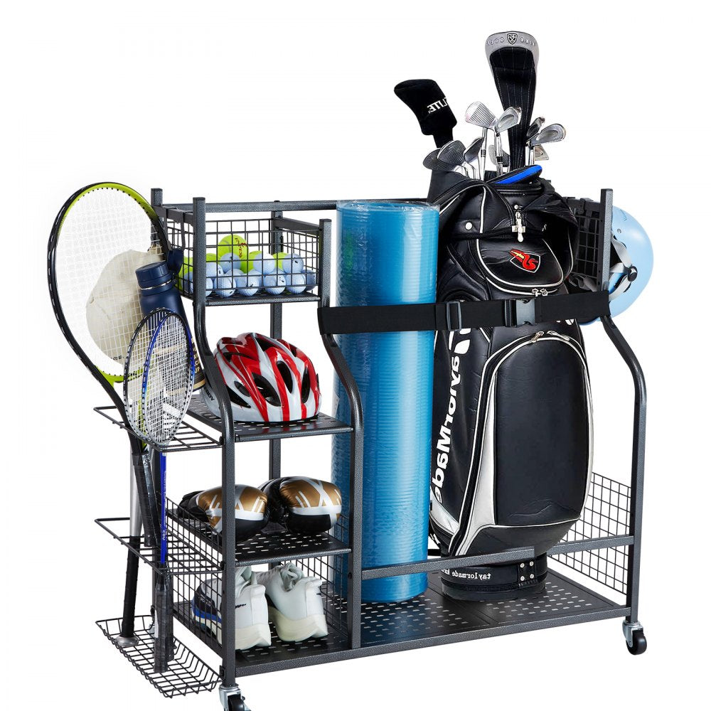 VEVOR Golf Storage Garage Organizer, 2 Golf Bag Stand Holder and Other Sports Equipment Storage Rack, Rolling Ball Cart on Wheels, Outdoor Sport Gear and Toy Storage with Baskets & Hooks, Steel, Black 