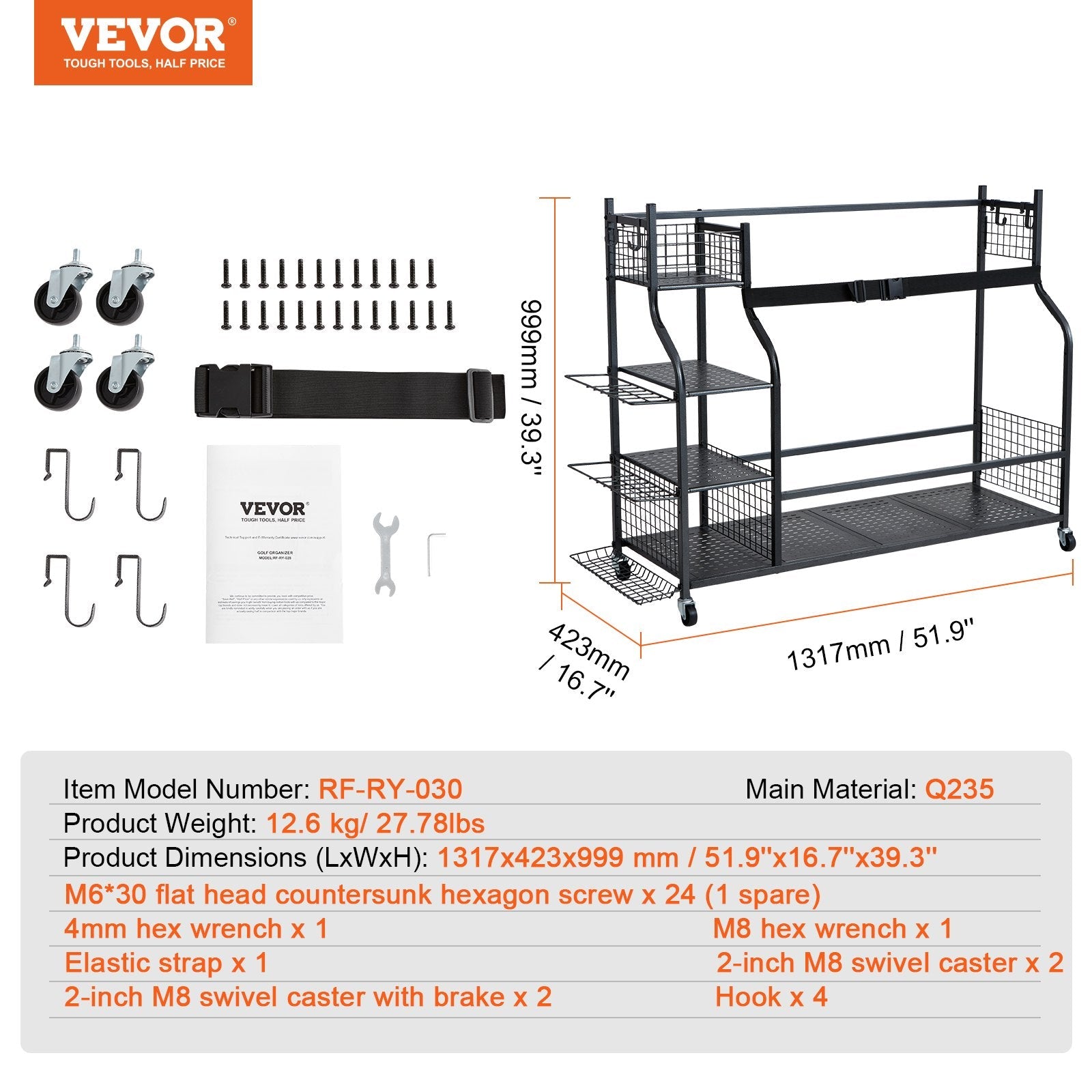 VEVOR Golf Storage Garage Organizer, 3 Golf Bag Stand Holder and Other Sports Equipment Storage Rack, Rolling Ball Cart on Wheels, Outdoor Sport Gear and Toy Storage with Baskets & Hooks, Steel, Black 