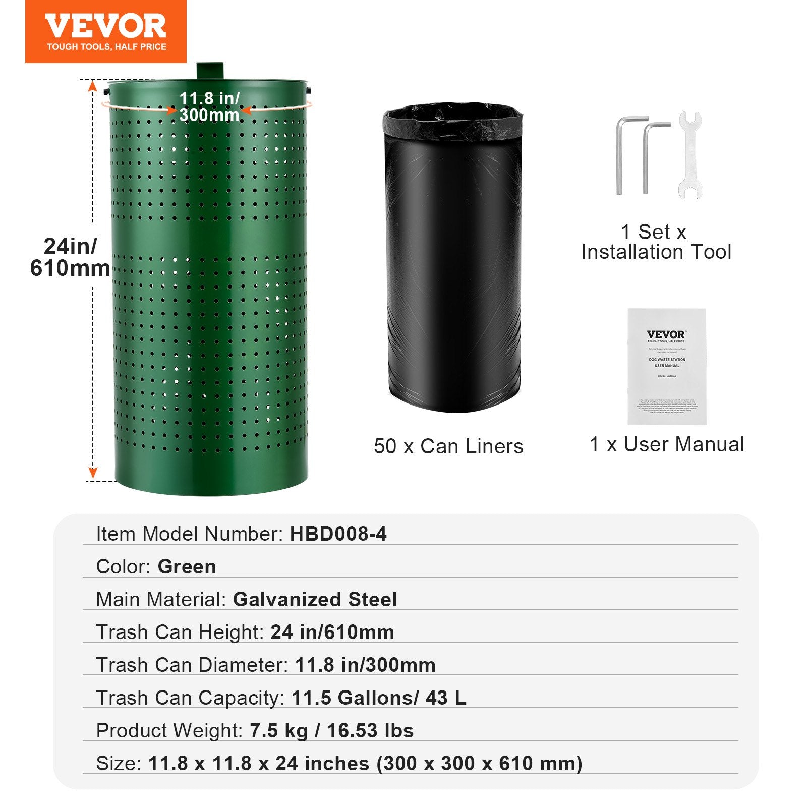 VEVOR Dog Poop Trash Can 11.5 Gallons Weather-Resistant Dog Waste Bin with Lid 