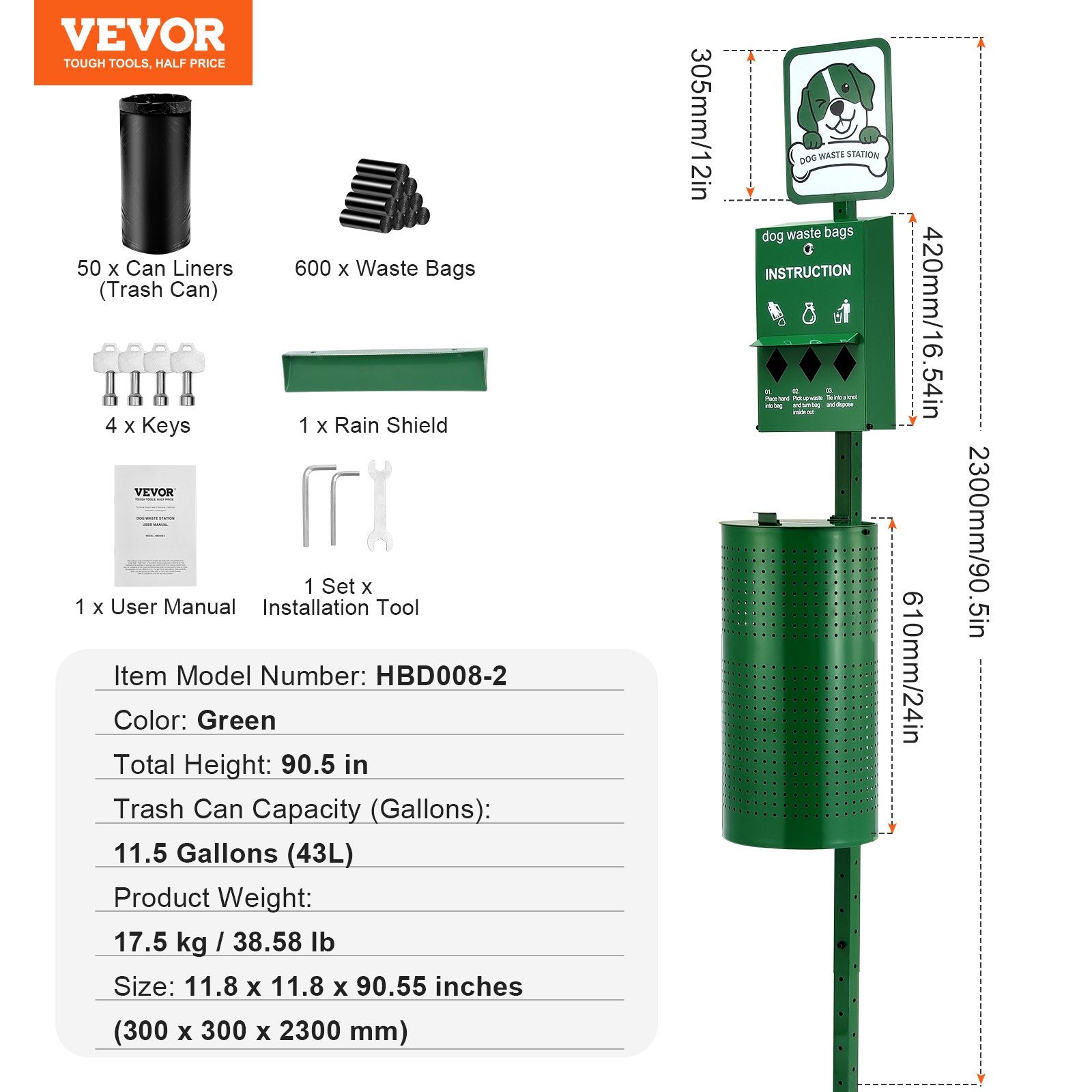 VEVOR Dog Waste Station 11.5 Gallons Outdoor Dog Poop Station with 600 Bags 