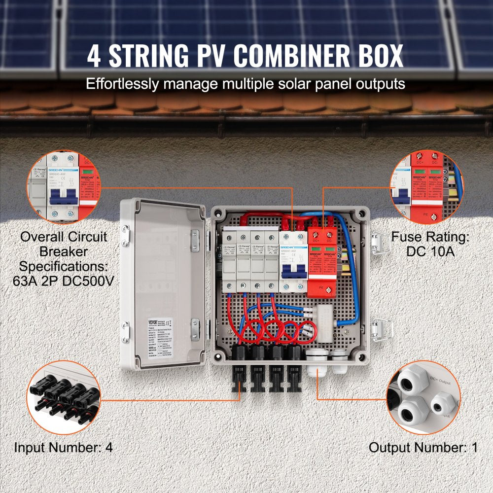 VEVOR Solar PV Combiner Box 4 String 10A for Solar Panel System ABS Case IP65 