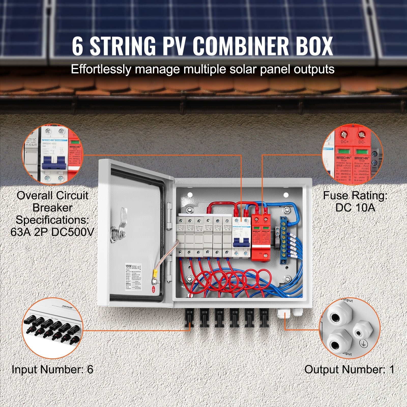 VEVOR Solar PV Combiner Box 6 String 10A for Solar Panel System Steel Case IP65 