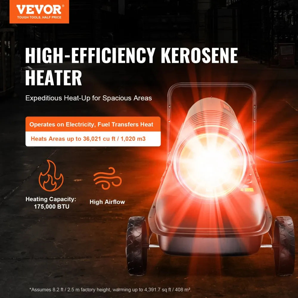 VEVOR Kerosene Forced Air Heater, 175,000 BTU Portable Torpedo Diesel Space Heater with Thermostat, 13.2 Gal Tank, Energy-Efficient for Workshop & Industry 