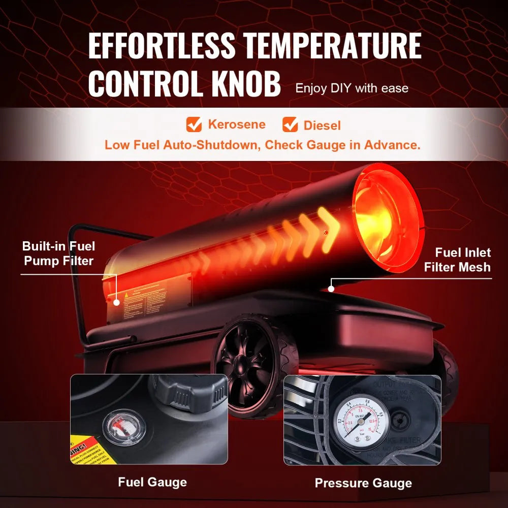 VEVOR Kerosene Forced Air Heater, 175,000 BTU Portable Torpedo Diesel Space Heater with Thermostat, 13.2 Gal Tank, Energy-Efficient for Workshop & Industry 