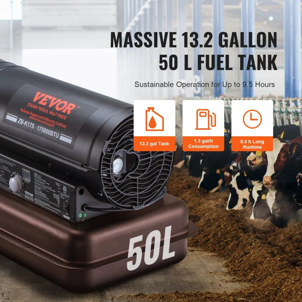 VEVOR Kerosene Forced Air Heater, 175,000 BTU Portable Torpedo Diesel Space Heater with Thermostat, 13.2 Gal Tank, Energy-Efficient for Workshop & Industry 