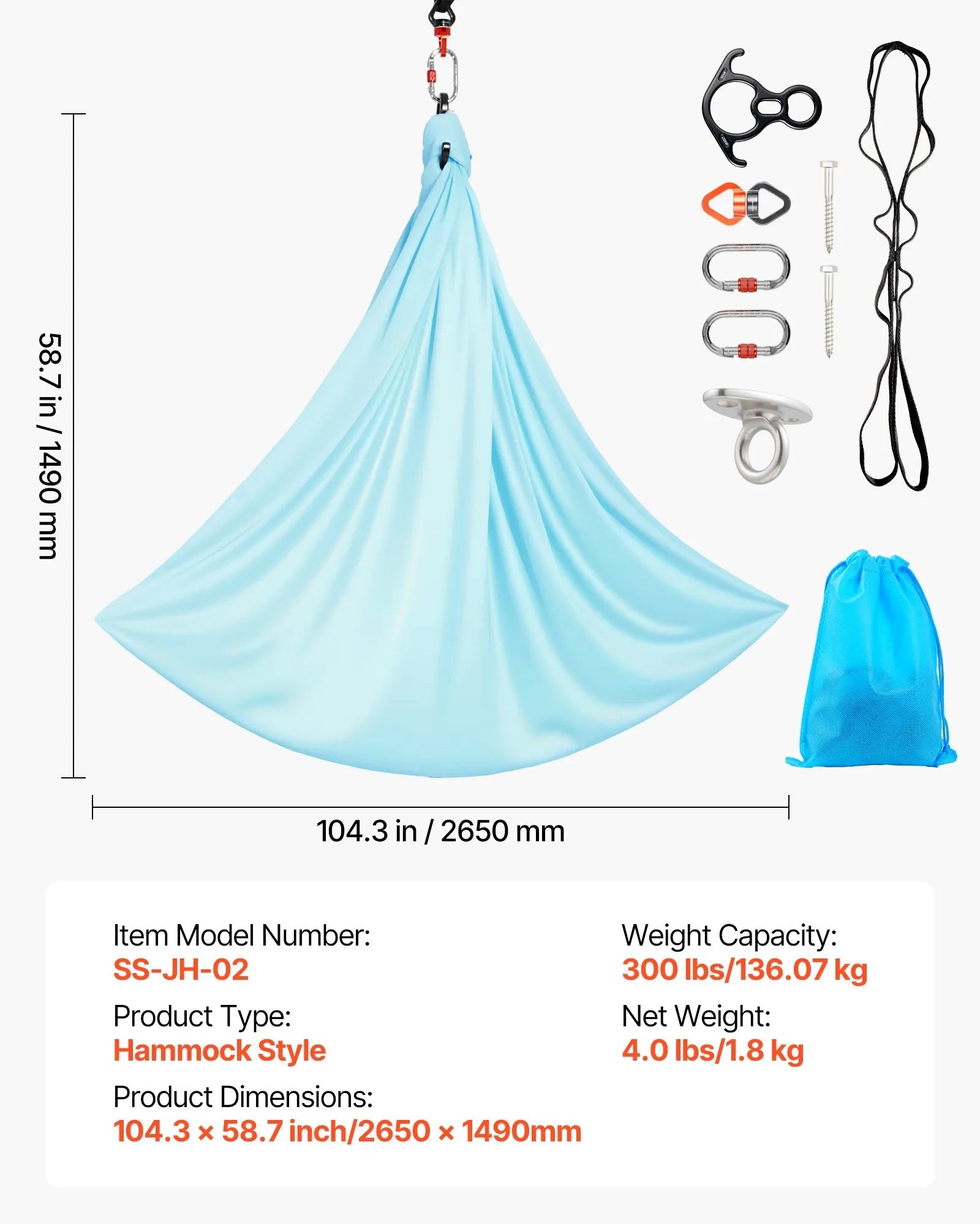VEVOR Aerial Yoga Hammock, Maximum 300 lbs Load Aerial Silk, Yoga Swing with Nylon Fabric, Daisy Rope, PE Zipper Bag, Gymnastics Swings Suitable for Men and Women, Dual-Function Hammock & Swing 