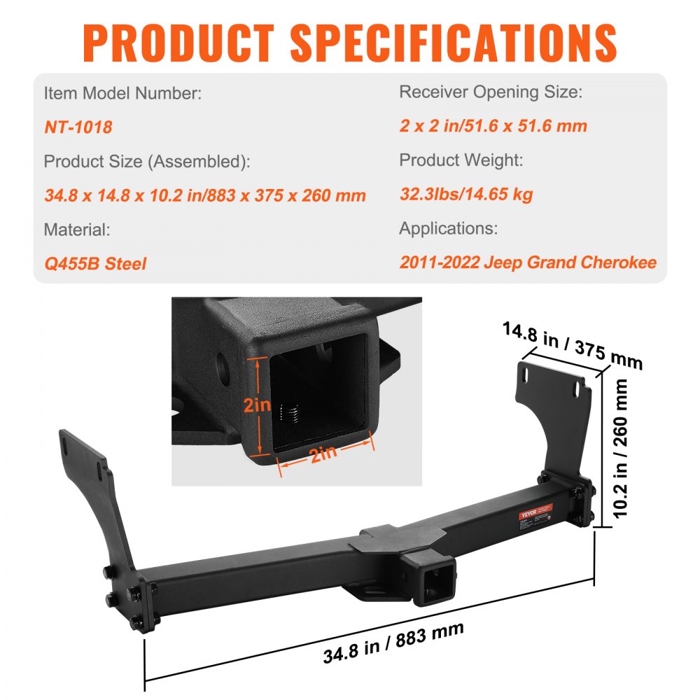 VEVOR Class 3 Trailer Hitch, 2-Inch Receiver, Q455B Steel Tube Frame, Compatible with 2011-2022 Jeep Grand Cherokee, Multi-Fit Hitch to Receive Ball Mount, Cargo Carrier, Bike Rack, Tow Hook, Black 