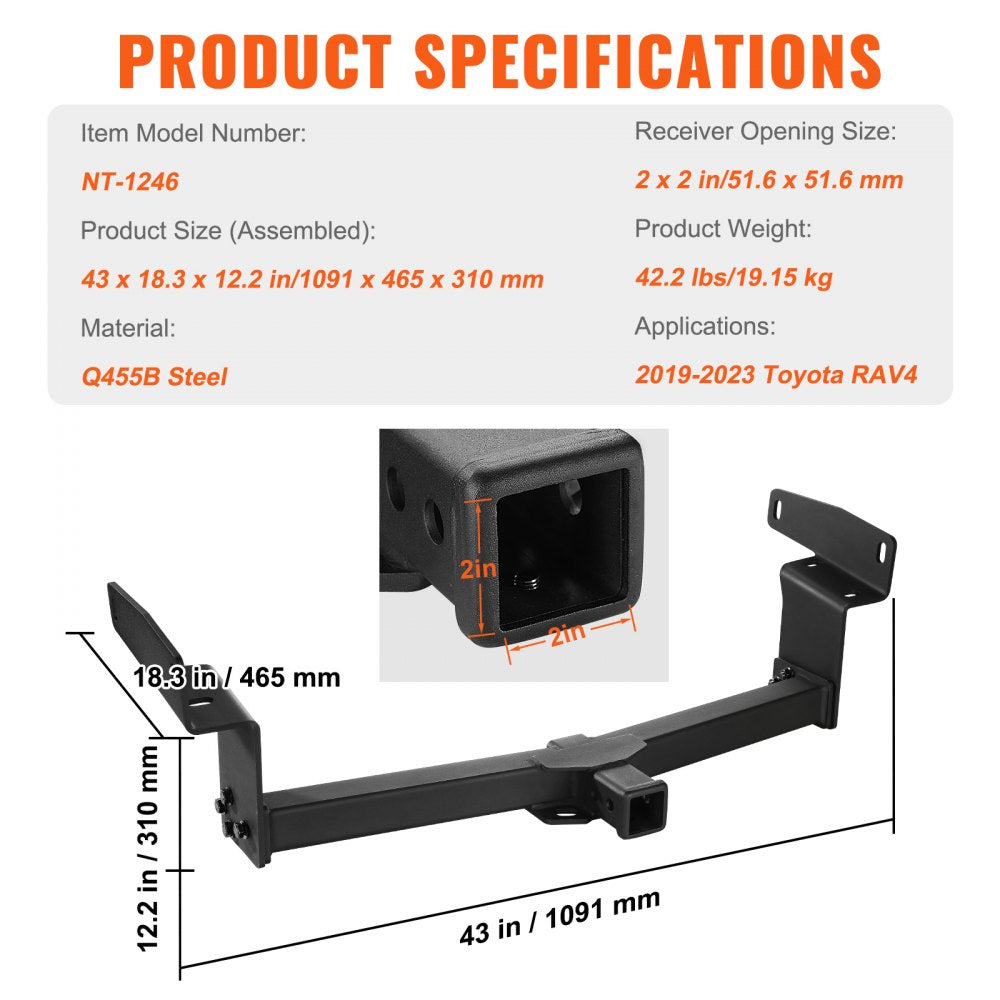 VEVOR Class 3 Trailer Hitch, 2-Inch Receiver, Q455B Steel Tube Frame, Compatible with 2019-2023 Toyota RAV4, 6000 lbs, Multi-Fit Hitch to Receive Ball Mount, Cargo Carrier, Bike Rack, Tow Hook, Black 