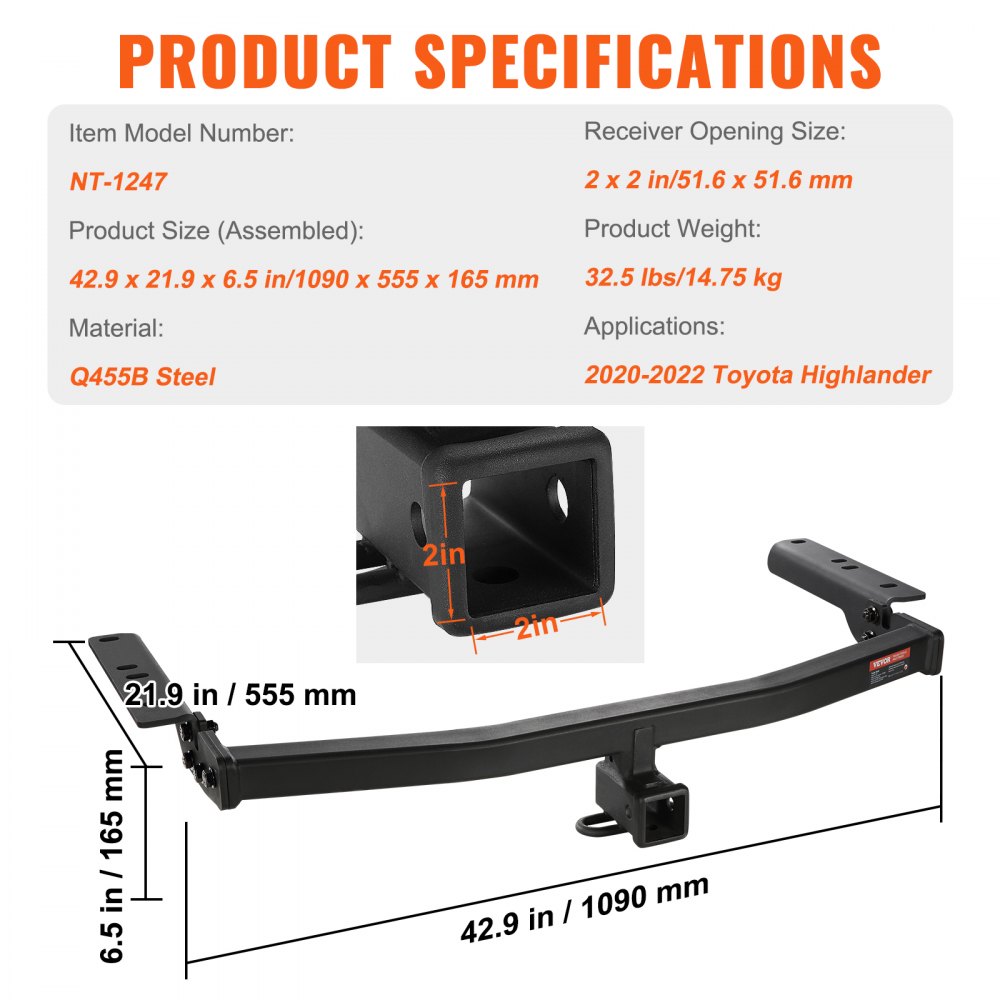VEVOR Class 3 Trailer Hitch, 2-Inch Receiver, Q455B Steel Tube Frame, Compatible with 2020-2023 Toyota Highlander, Multi-Fit Hitch to Receive Ball Mount, Cargo Carrier, Bike Rack, and Tow Hook, Black 