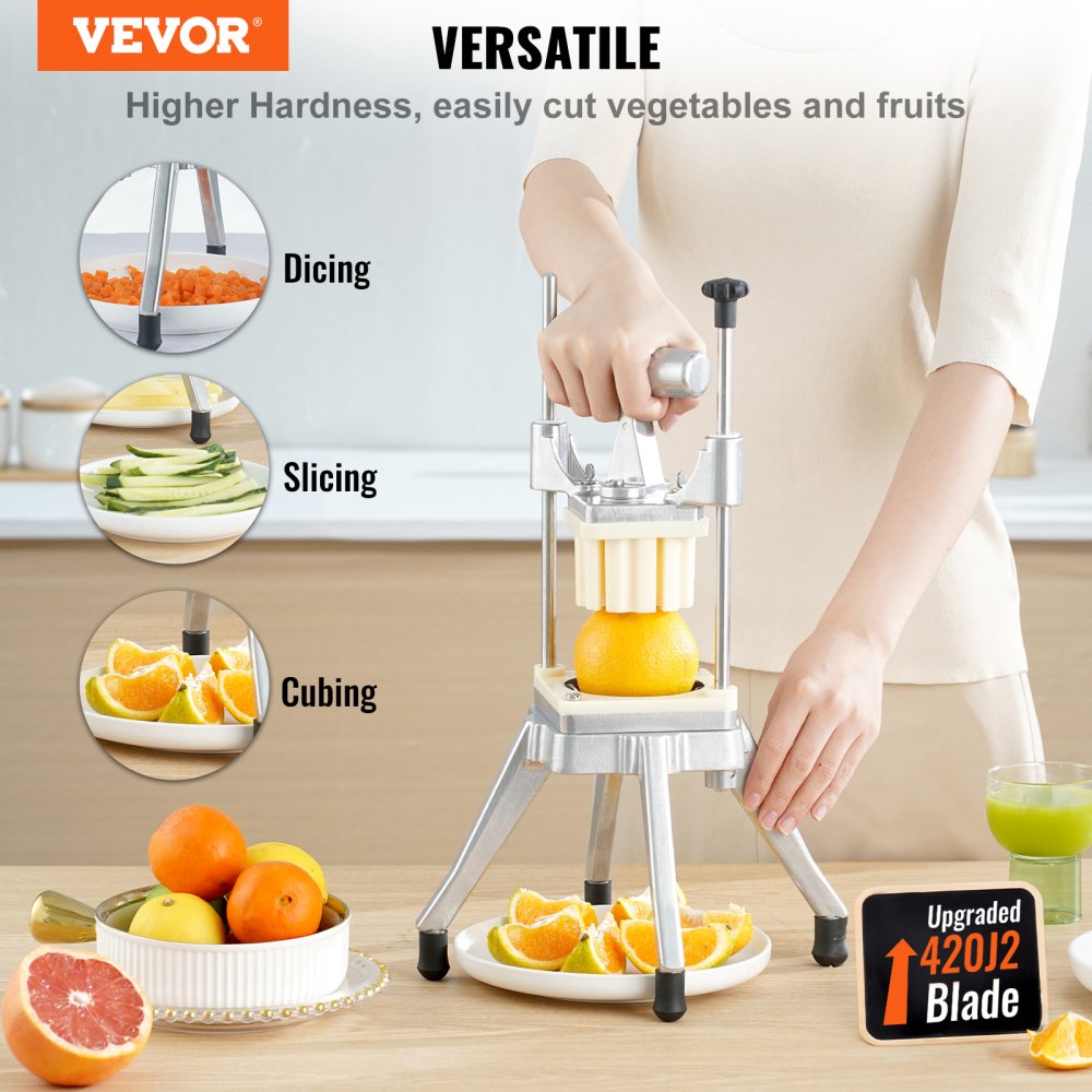 VEVOR Commercial Vegetable Fruit Chopper, Stainless Steel French Fry Cutter with 4 Blades 1/4" 3/8" 1/2", 6-wedge Slicer, Chopper Dicer with Tray, Heavy Duty Cutter for Potato Tomato Onion Mushroom 