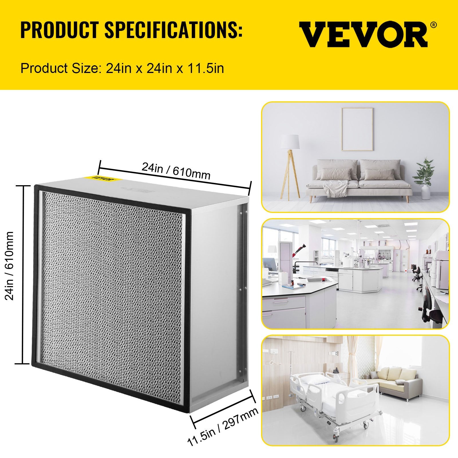 VEVOR Filter Replacement, 24''x24''x11.5'' AC Filter, True HEPA Pleated Air Filter, Air Filter Replacement with Durable Galvanized Frame, 99.97% Standard Filter Compatible for HEPA Filter Novair 2000 