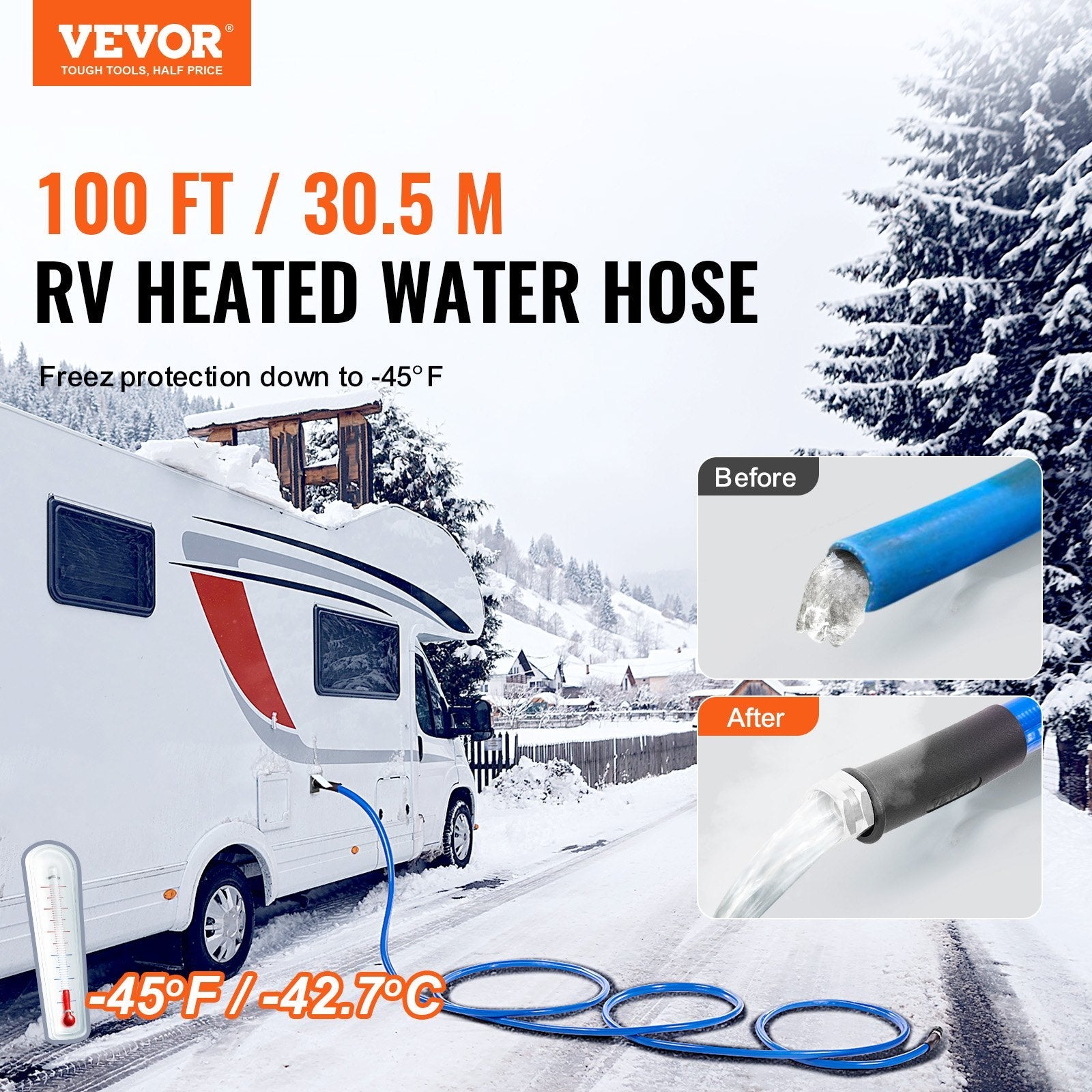 VEVOR 100ft Heated Water Hose for RV, Heated Drinking Water Hose Antifreeze to -45°F, Automatic Self-regulating, 5/8" I.D. with 3/4" GHT Adapter, Lead and BPA Free 