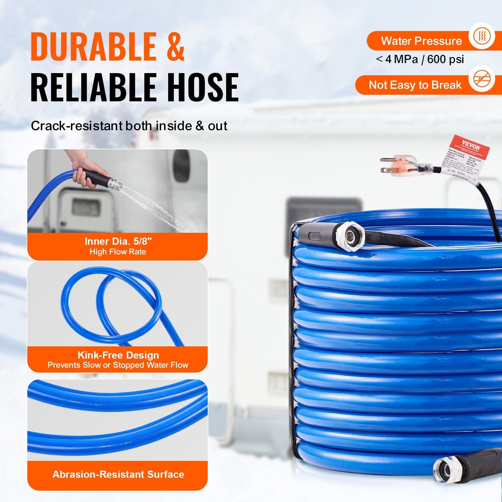 VEVOR 100ft Heated Water Hose for RV, Heated Drinking Water Hose Antifreeze to -45°F, Automatic Self-regulating, 5/8" I.D. with 3/4" GHT Adapter, Lead and BPA Free 