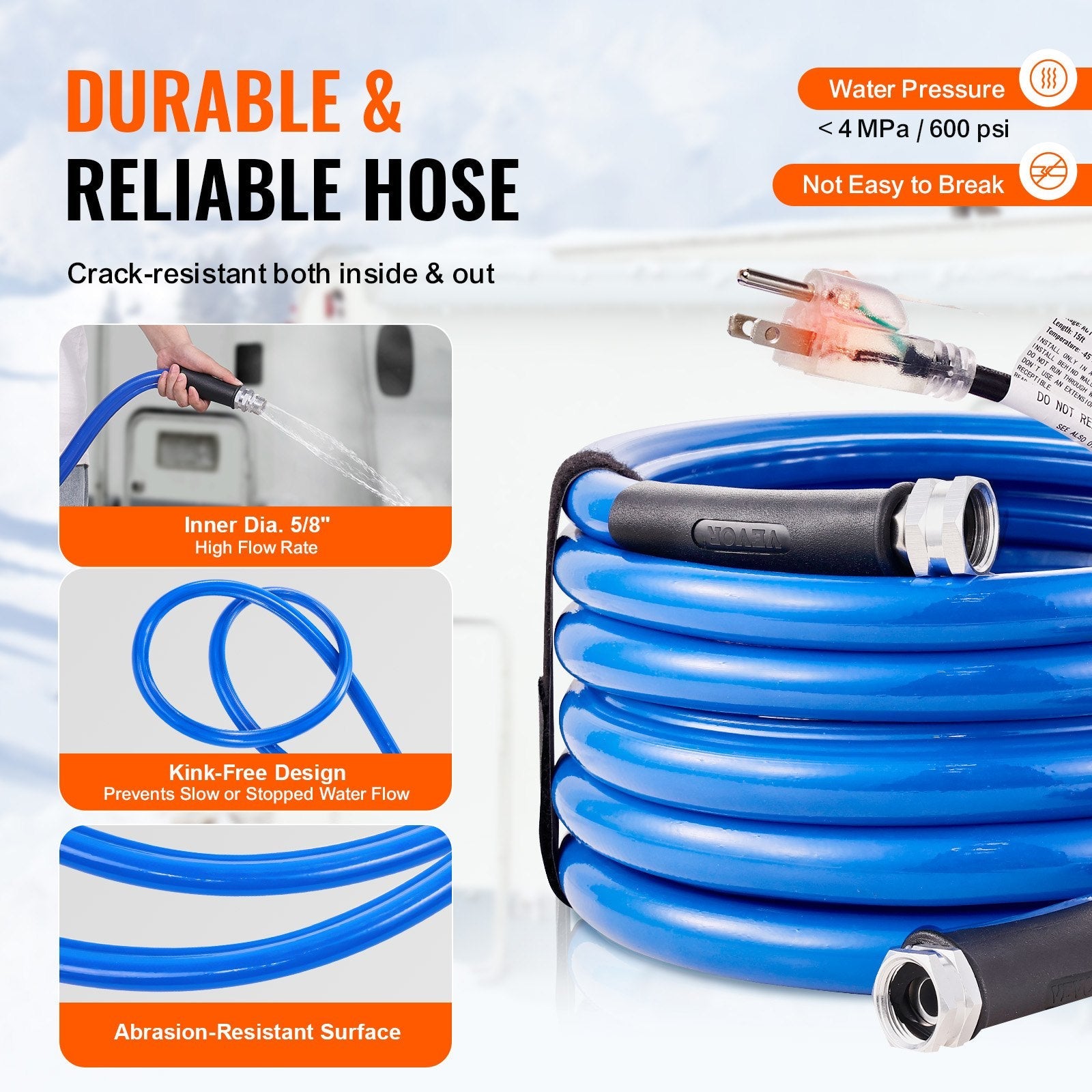VEVOR 15ft Heated Water Hose for RV, Heated Drinking Water Hose Antifreeze to -45°F, Automatic Self-regulating, 5/8" I.D. with 3/4" GHT Adapter, Lead and BPA Free 