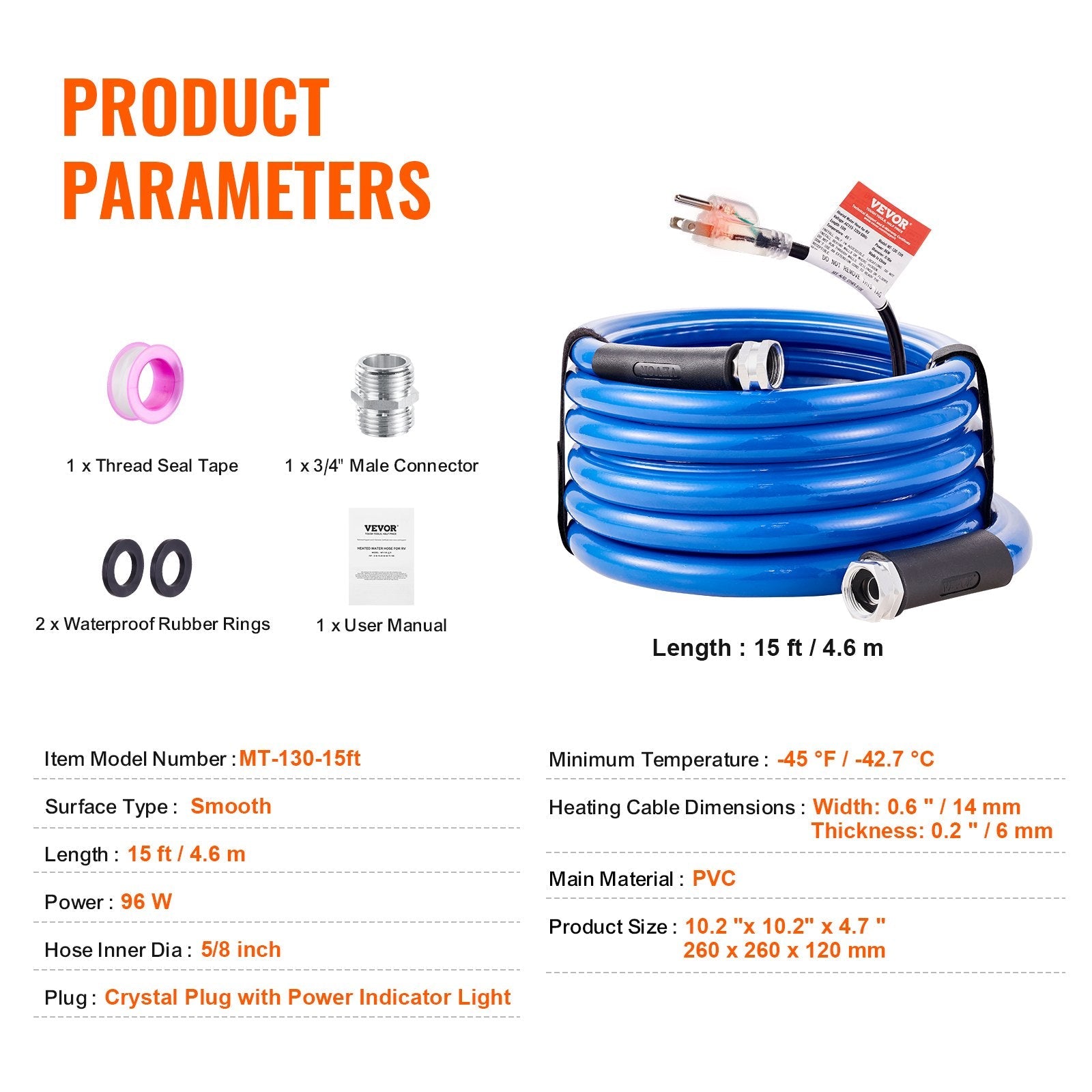 VEVOR 15ft Heated Water Hose for RV, Heated Drinking Water Hose Antifreeze to -45°F, Automatic Self-regulating, 5/8" I.D. with 3/4" GHT Adapter, Lead and BPA Free 