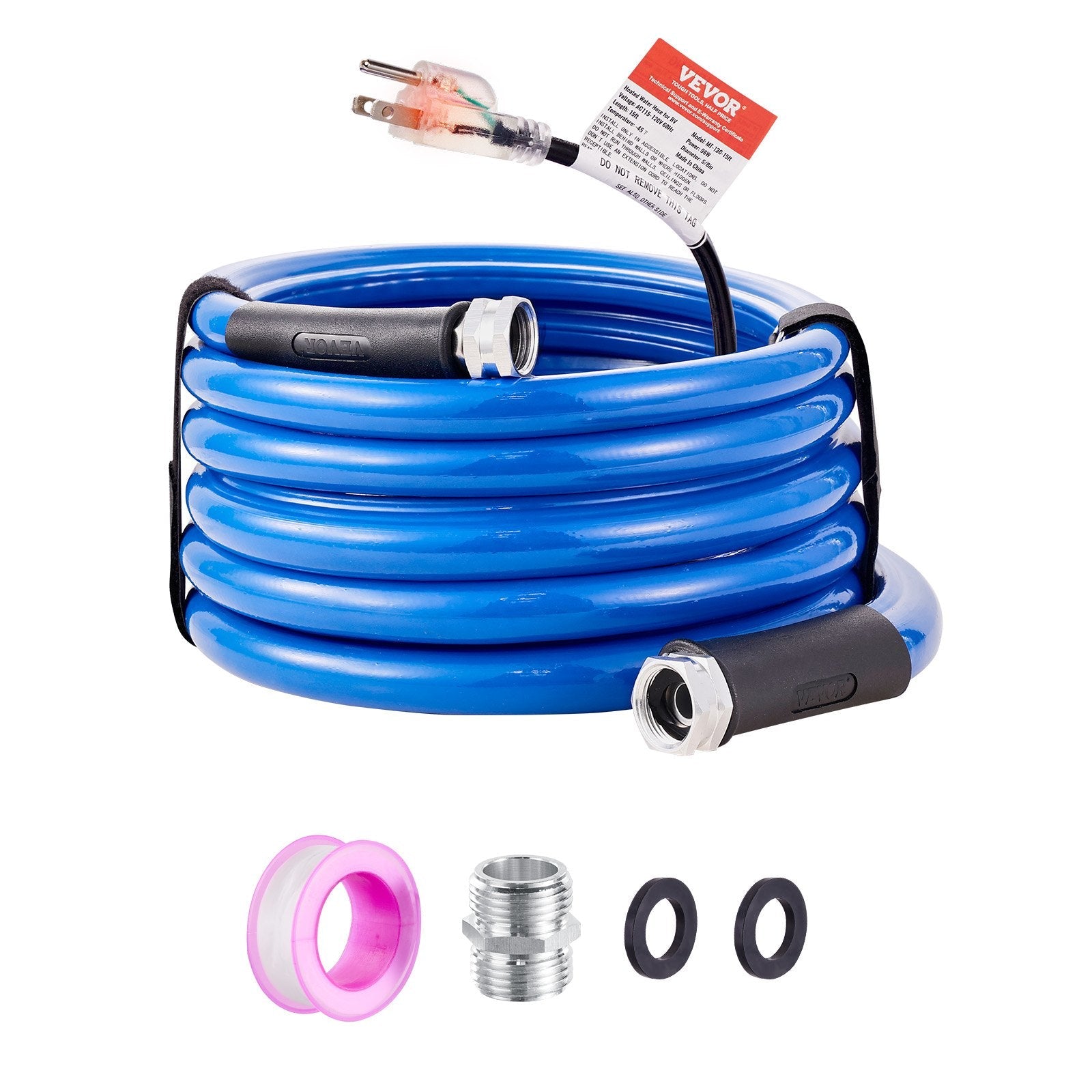 VEVOR 15ft Heated Water Hose for RV, Heated Drinking Water Hose Antifreeze to -45°F, Automatic Self-regulating, 5/8" I.D. with 3/4" GHT Adapter, Lead and BPA Free 