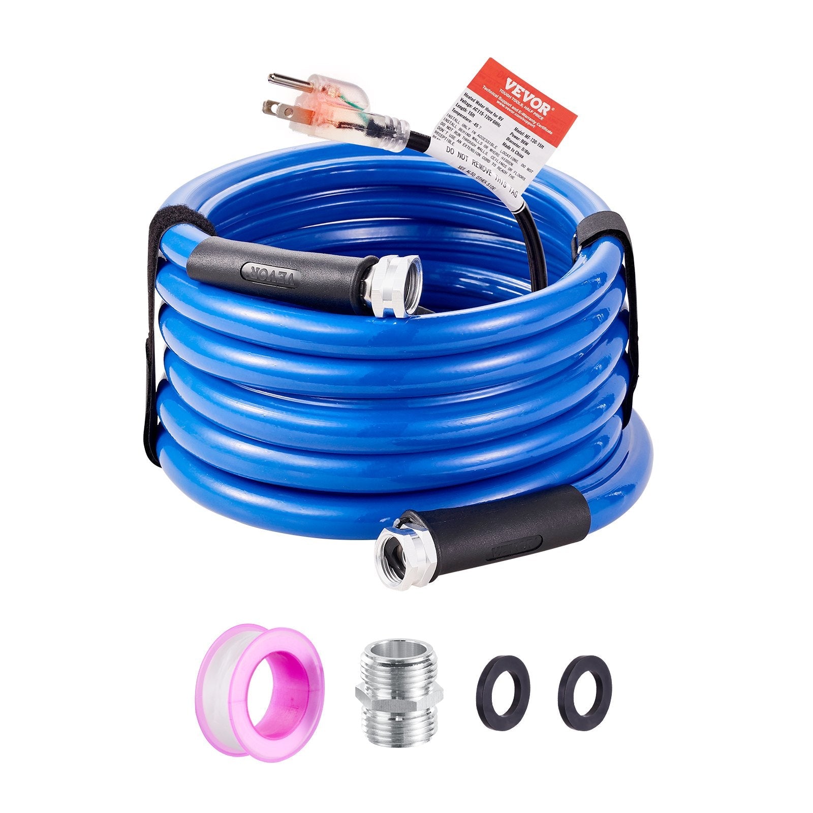 VEVOR 15ft Heated Water Hose for RV, Heated Drinking Water Hose Antifreeze to -45°F, Automatic Self-regulating, 5/8" I.D. with 3/4" GHT Adapter, Lead and BPA Free 