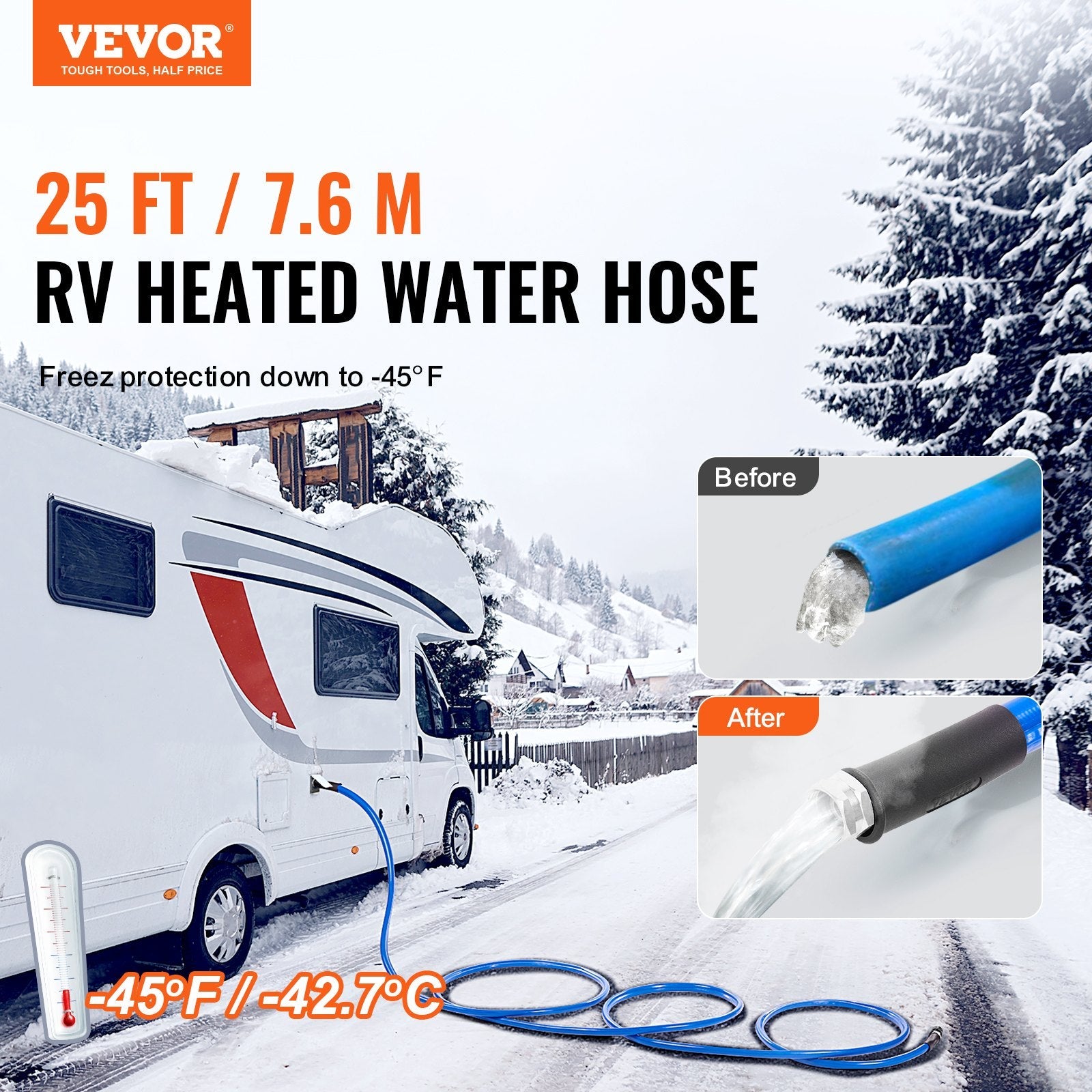 VEVOR 25ft Heated Water Hose for RV, Heated Drinking Water Hose Antifreeze to -45°F, Automatic Self-regulating, 5/8" I.D. with 3/4" GHT Adapter, Lead and BPA Free 