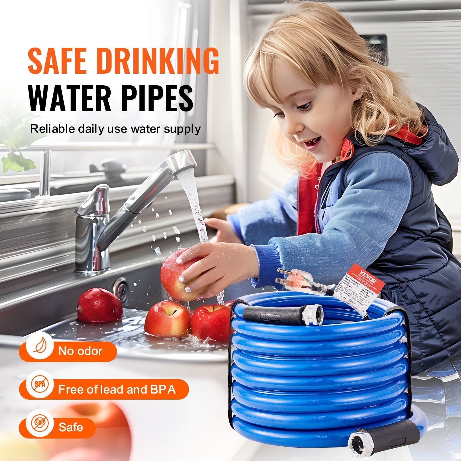 VEVOR 25ft Heated Water Hose for RV, Heated Drinking Water Hose Antifreeze to -45°F, Automatic Self-regulating, 5/8" I.D. with 3/4" GHT Adapter, Lead and BPA Free 