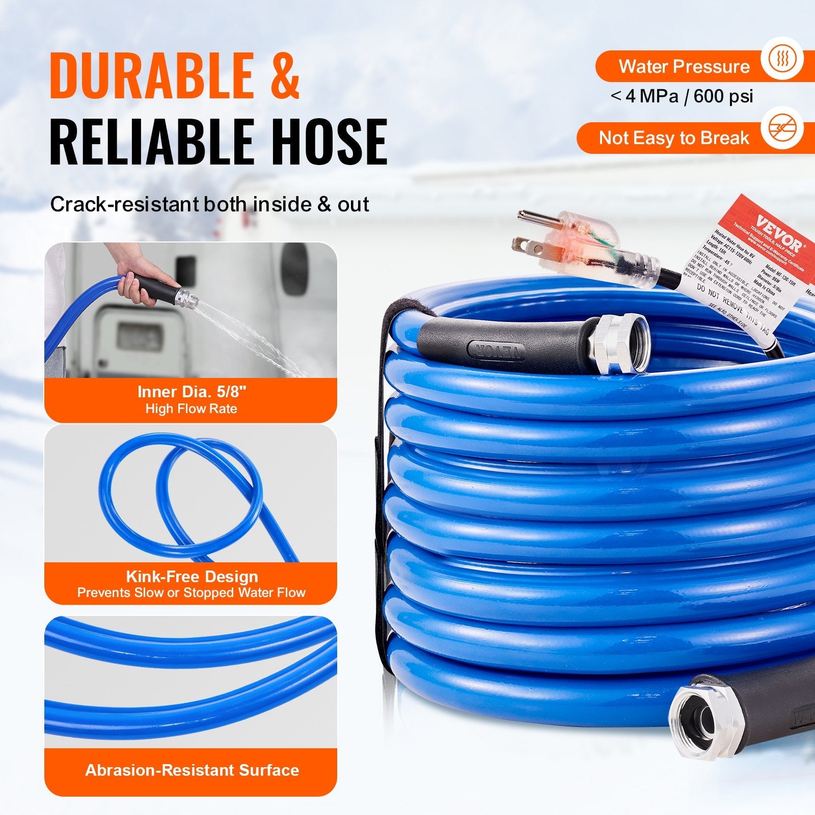 VEVOR 25ft Heated Water Hose for RV, Heated Drinking Water Hose Antifreeze to -45°F, Automatic Self-regulating, 5/8" I.D. with 3/4" GHT Adapter, Lead and BPA Free 
