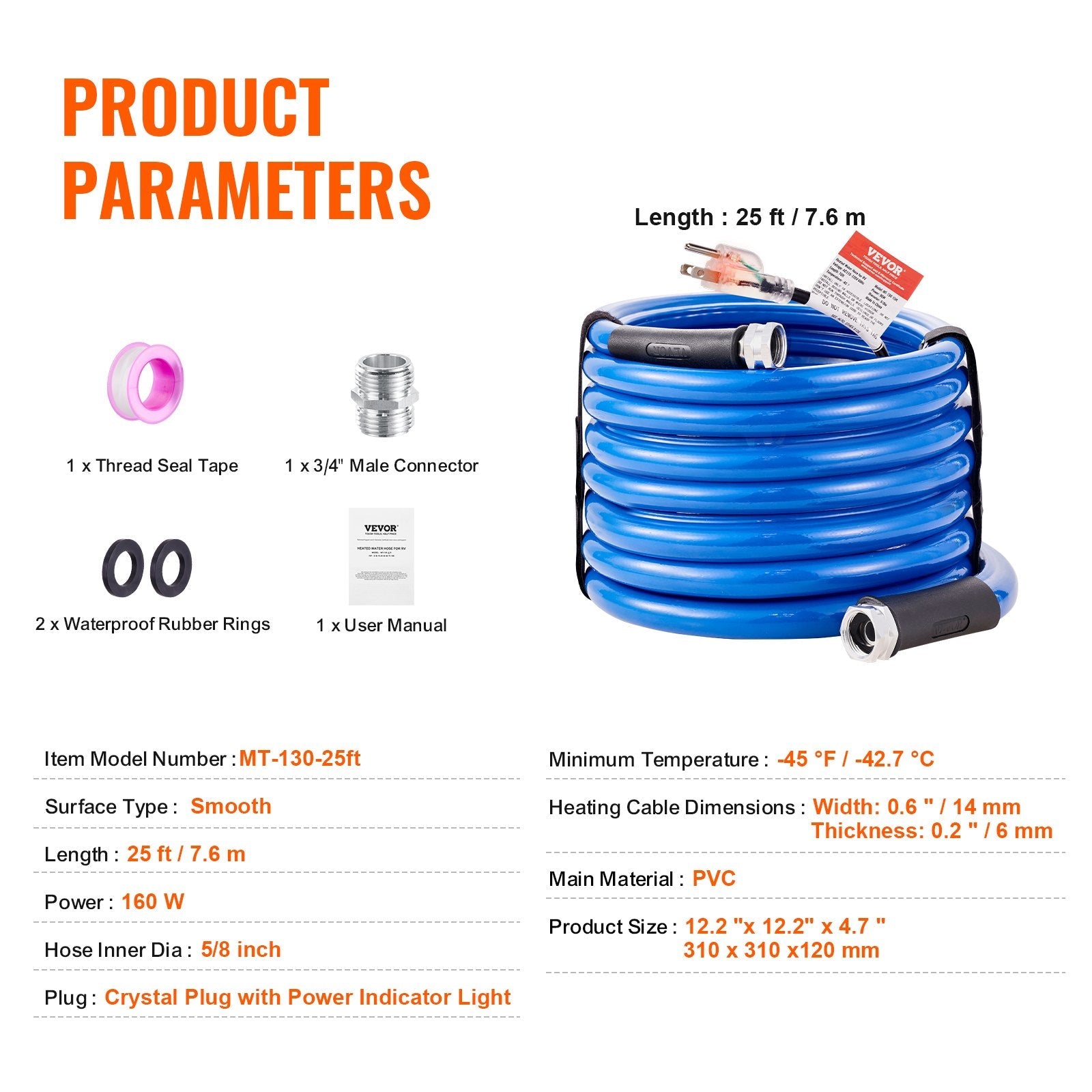 VEVOR 25ft Heated Water Hose for RV, Heated Drinking Water Hose Antifreeze to -45°F, Automatic Self-regulating, 5/8" I.D. with 3/4" GHT Adapter, Lead and BPA Free 