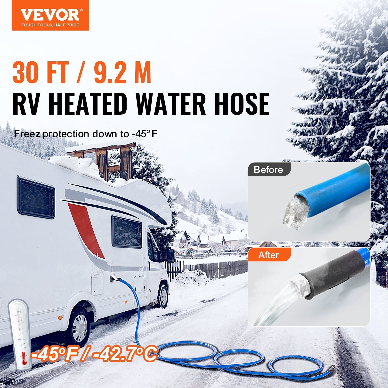 VEVOR 30ft Heated Water Hose for RV, Heated Drinking Water Hose Antifreeze to -45°F, Automatic Self-regulating, 5/8" I.D. with 3/4" GHT Adapter, Lead and BPA Free 