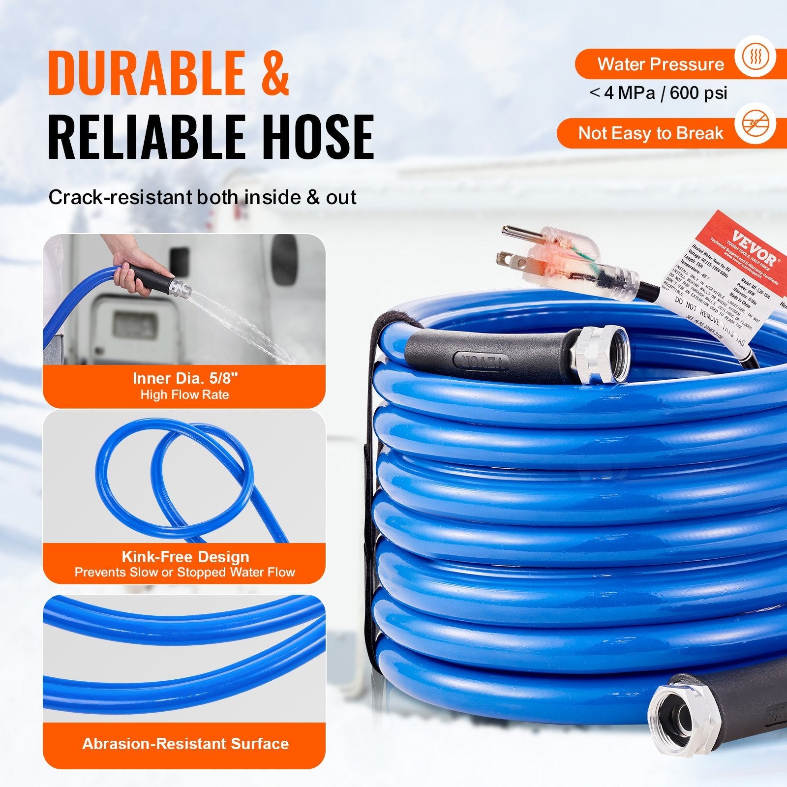 VEVOR 30ft Heated Water Hose for RV, Heated Drinking Water Hose Antifreeze to -45°F, Automatic Self-regulating, 5/8" I.D. with 3/4" GHT Adapter, Lead and BPA Free 