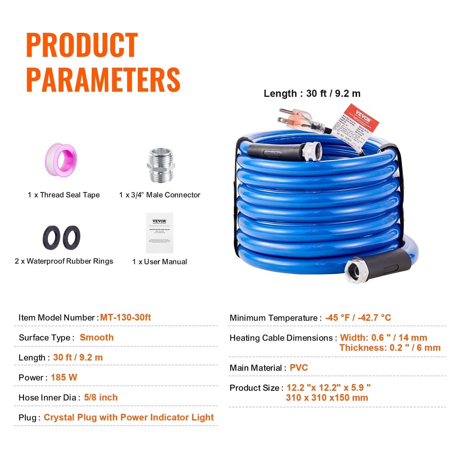 VEVOR 30ft Heated Water Hose for RV, Heated Drinking Water Hose Antifreeze to -45°F, Automatic Self-regulating, 5/8" I.D. with 3/4" GHT Adapter, Lead and BPA Free 