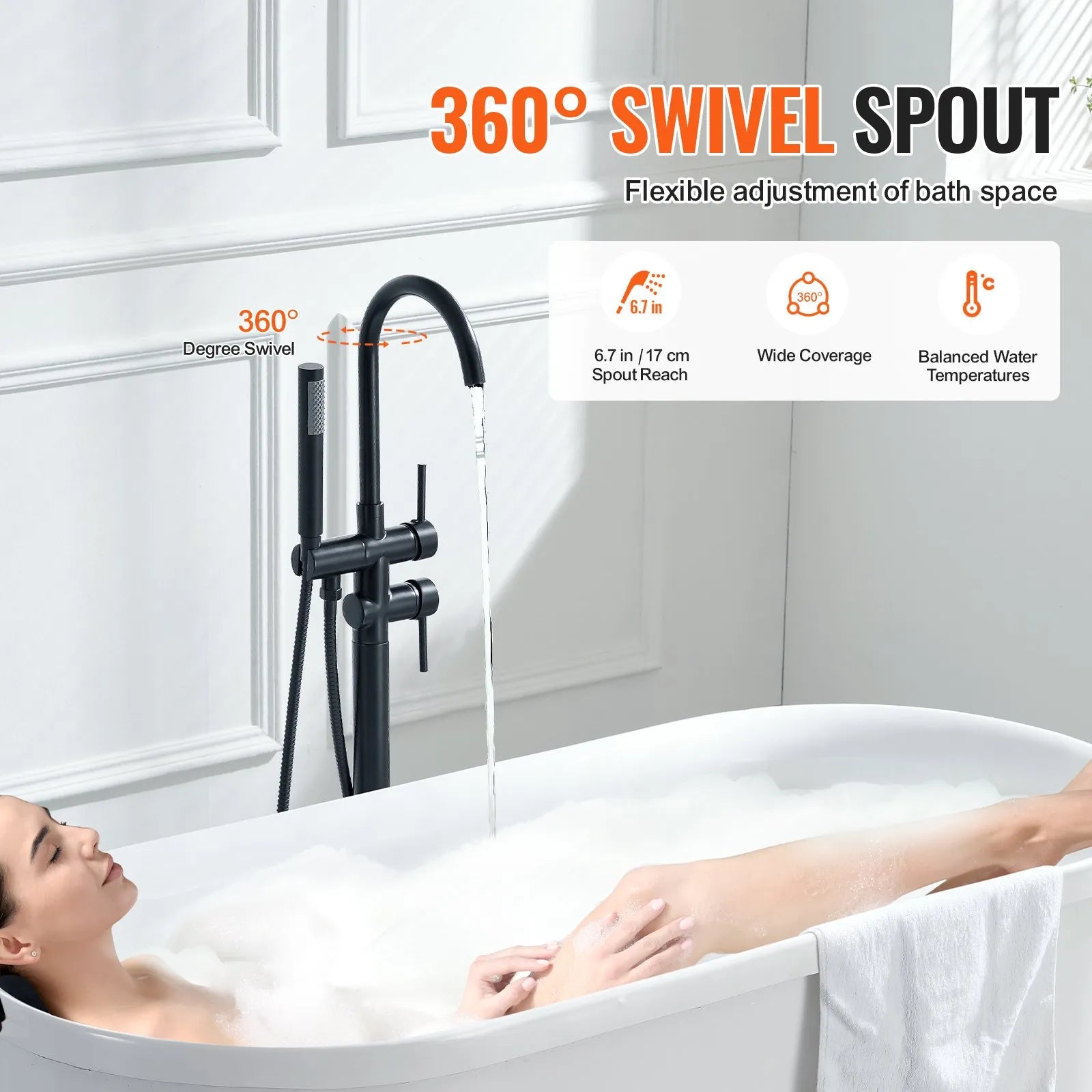 VEVOR Freestanding Bathtub Faucet, Floor Mount, Freestanding Tub Filler, Shower Mixer Taps, Two Water Modes, 360° Swivel Spout, for Bathing & Showering Pet Bathing Cleaning Drains Toilet Flushing