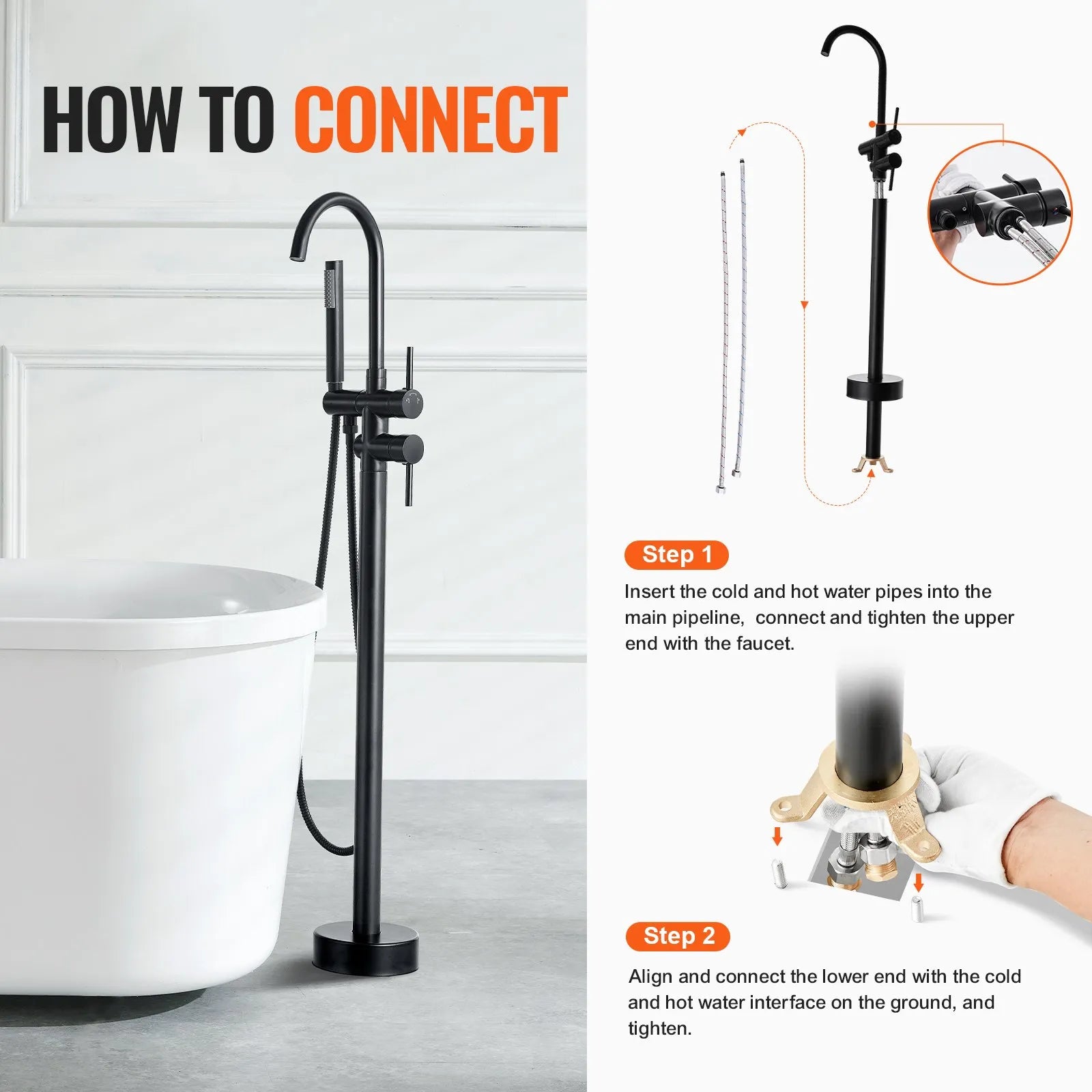 VEVOR Freestanding Bathtub Faucet, Floor Mount, Freestanding Tub Filler, Shower Mixer Taps, Two Water Modes, 360° Swivel Spout, for Bathing & Showering Pet Bathing Cleaning Drains Toilet Flushing