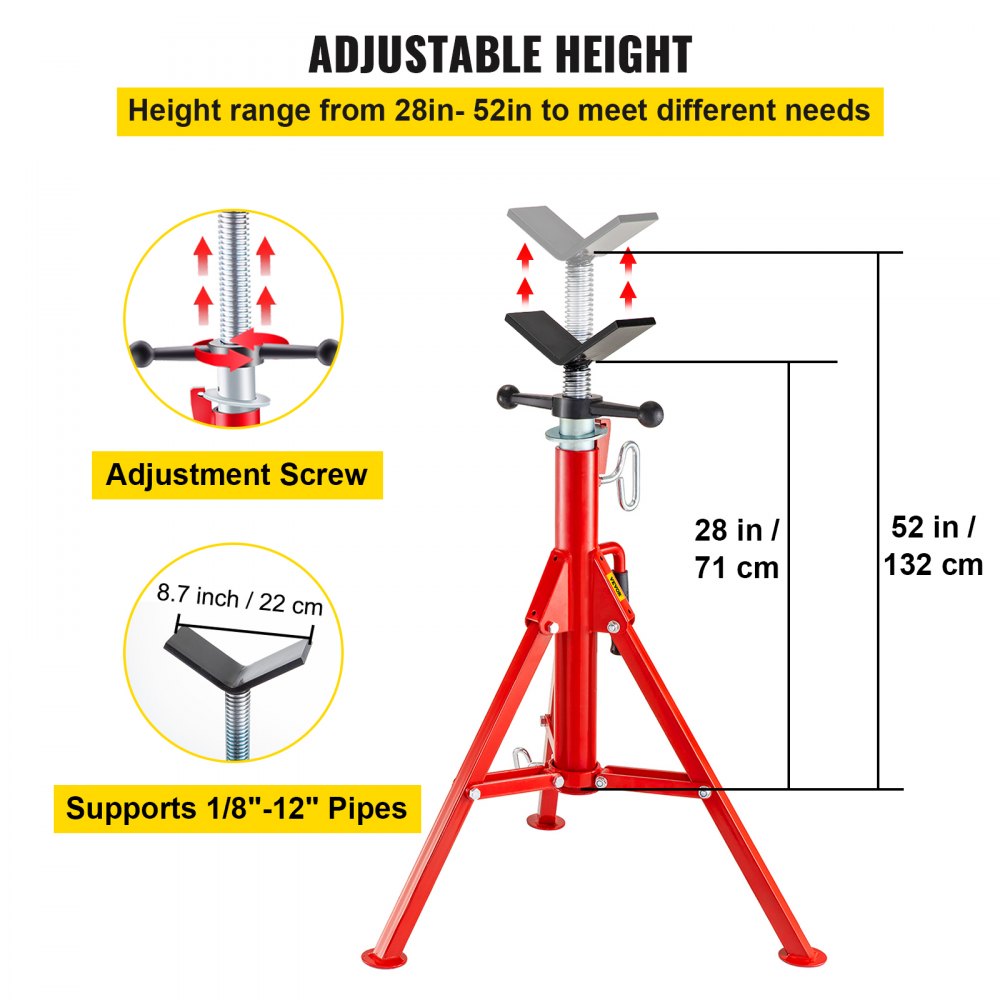 VEVOR V Head Pipe Stand Adjustable Height 28-52 Inch, Pipe Jack Stands 2500 LB. Capacity,Folding Portable Pipe Stands 1/2 to 12 Inch Pipe Supporting,Steel Jack Stands 