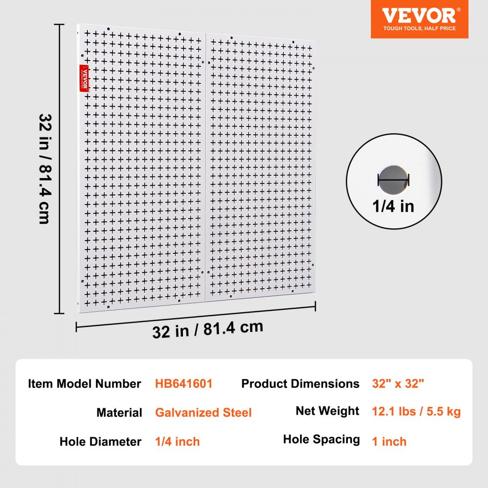 VEVOR Pegboard Wall Organizer 32" x 32", 330LBS Loading Garage Metal Pegboard Organizer, 2-Pack Wall Mount Tool Storage Peg Boards with Customized Grooves Fit 1/4" and 1/8" Hooks for Warehouse Garage 