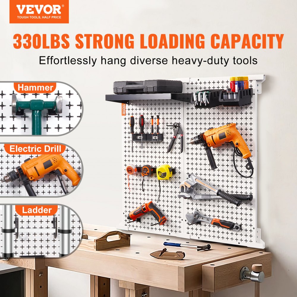 VEVOR Pegboard Wall Organizer 32" x 32", 330LBS Loading Garage Metal Pegboard Organizer Wall Mount, 25PCS Tool Storage Kit with 2 Peg Boards, Hooks, Storage Bins, Shelf Racks for Warehouse Garage Shop 