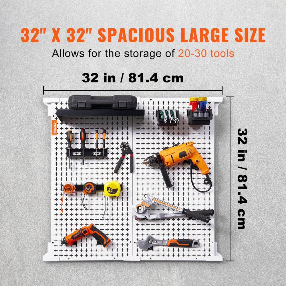 VEVOR Pegboard Wall Organizer 32" x 32", 330LBS Loading Garage Metal Pegboard Organizer Wall Mount, 25PCS Tool Storage Kit with 2 Peg Boards, Hooks, Storage Bins, Shelf Racks for Warehouse Garage Shop 