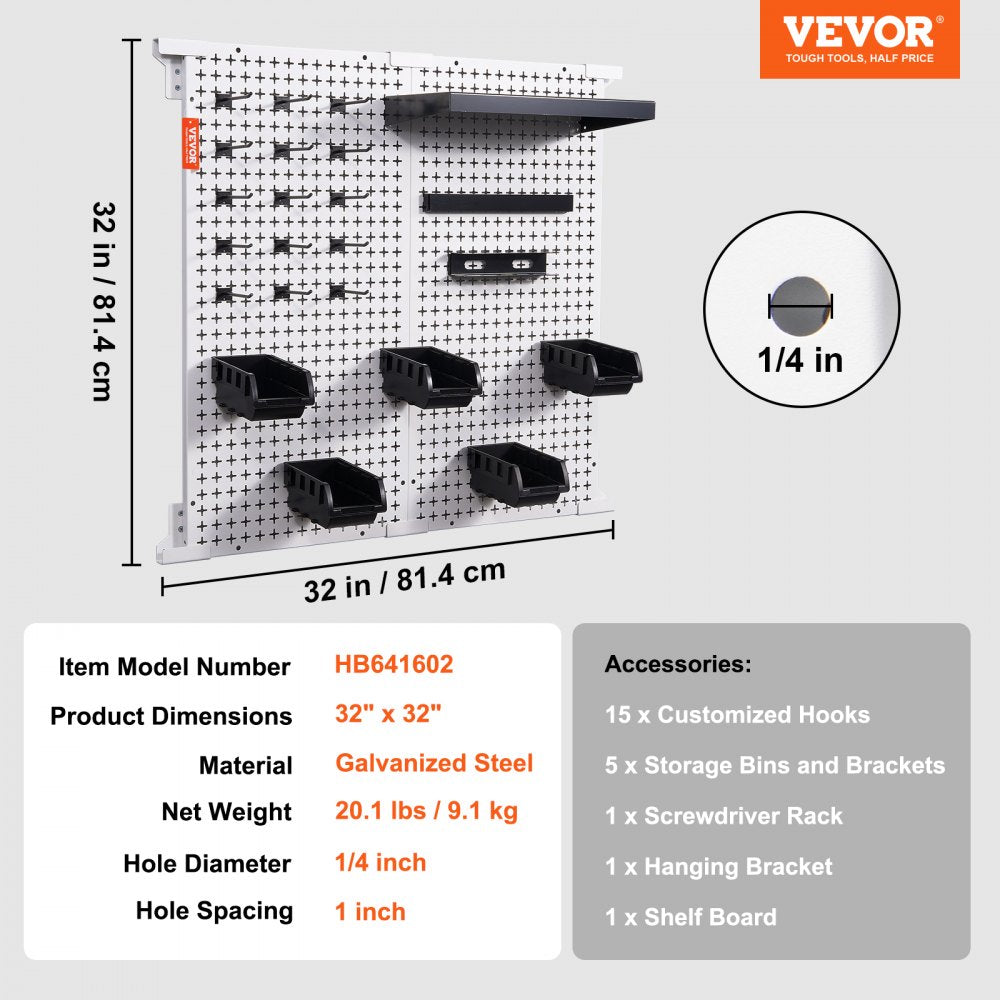 VEVOR Pegboard Wall Organizer 32" x 32", 330LBS Loading Garage Metal Pegboard Organizer Wall Mount, 25PCS Tool Storage Kit with 2 Peg Boards, Hooks, Storage Bins, Shelf Racks for Warehouse Garage Shop 