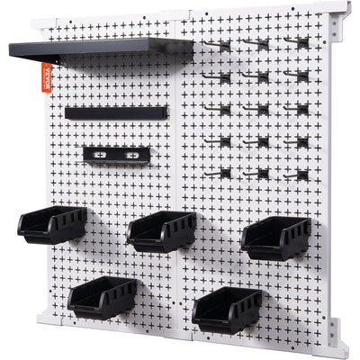 VEVOR Pegboard Wall Organizer 32" x 32", 330LBS Loading Garage Metal Pegboard Organizer Wall Mount, 25PCS Tool Storage Kit with 2 Peg Boards, Hooks, Storage Bins, Shelf Racks for Warehouse Garage Shop 