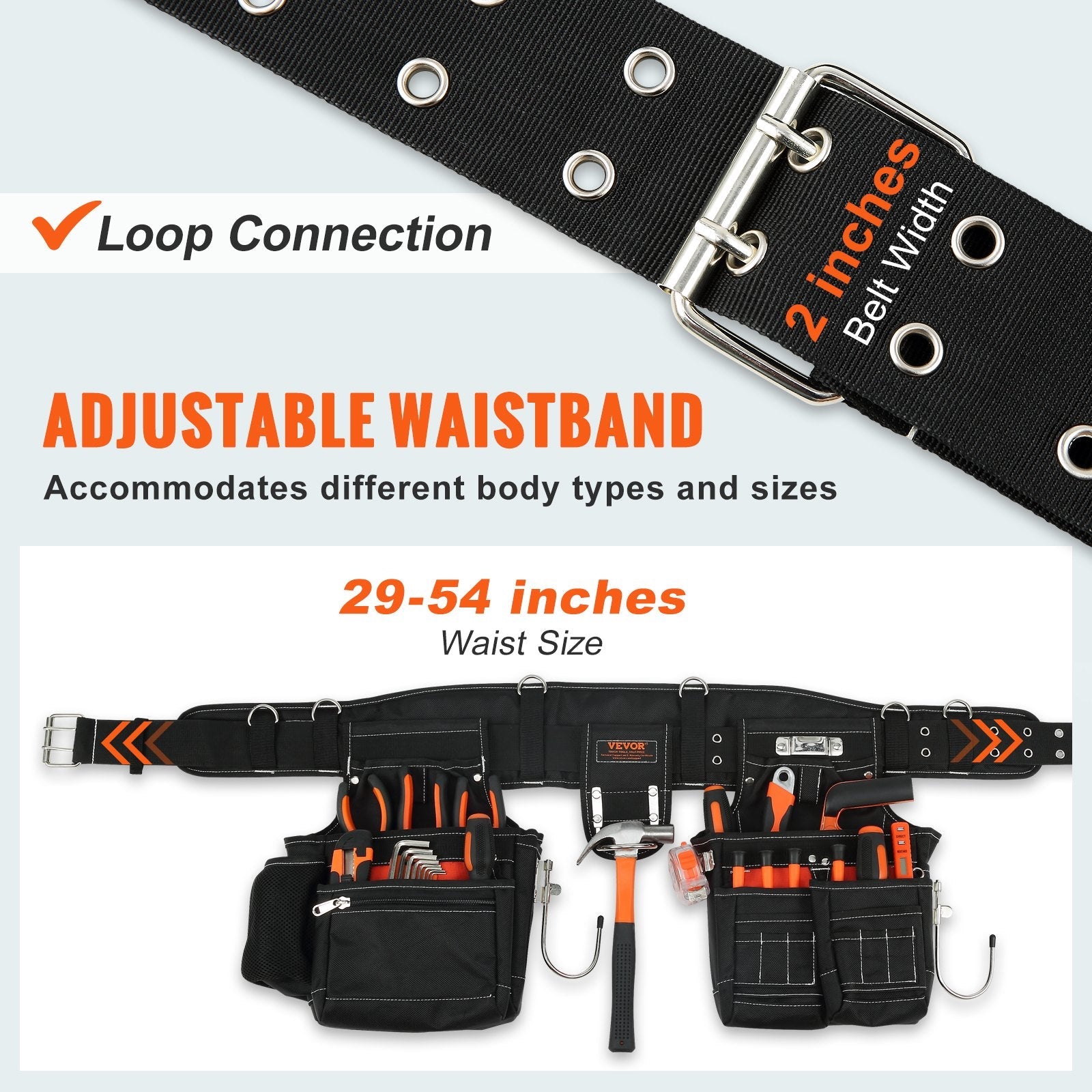VEVOR Tool Belt with Suspenders, 29 Pockets, 29-54 inches Adjustable Waist Size, Tool Belts for Men, 1680D Polyester Heavy Duty Carpenter Tool Pouch for Carpenters, Electricians, and Gardening, Black 
