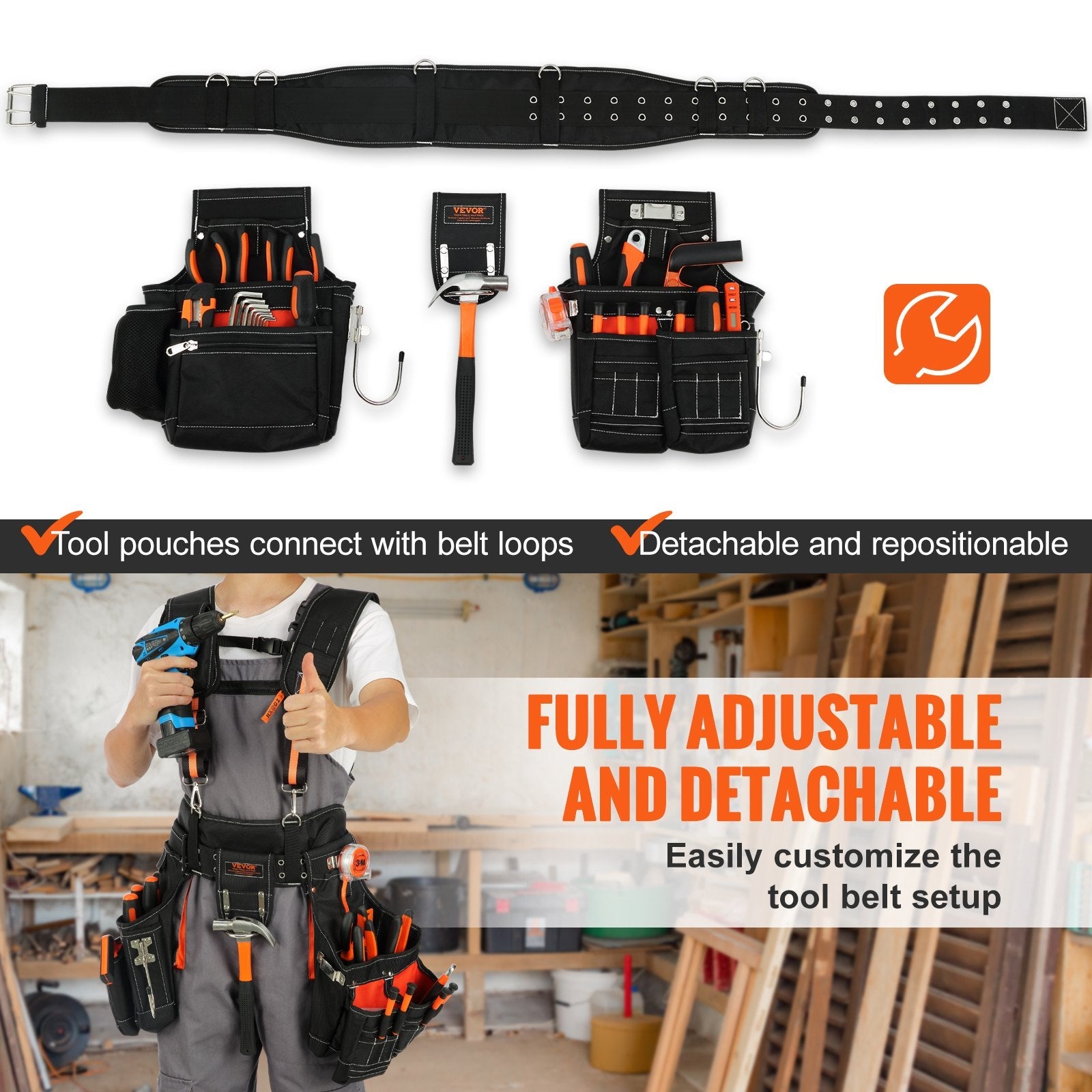 VEVOR Tool Belt with Suspenders, 29 Pockets, 29-54 inches Adjustable Waist Size, Tool Belts for Men, 1680D Polyester Heavy Duty Carpenter Tool Pouch for Carpenters, Electricians, and Gardening, Black 