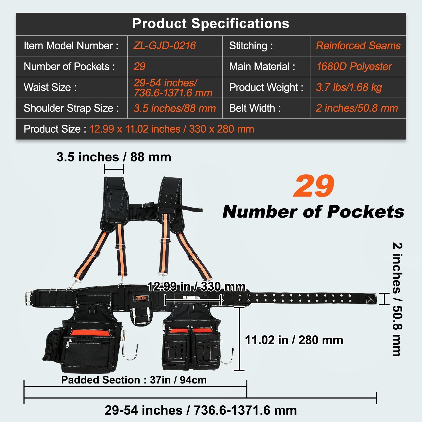 VEVOR Tool Belt with Suspenders, 29 Pockets, 29-54 inches Adjustable Waist Size, Tool Belts for Men, 1680D Polyester Heavy Duty Carpenter Tool Pouch for Carpenters, Electricians, and Gardening, Black 