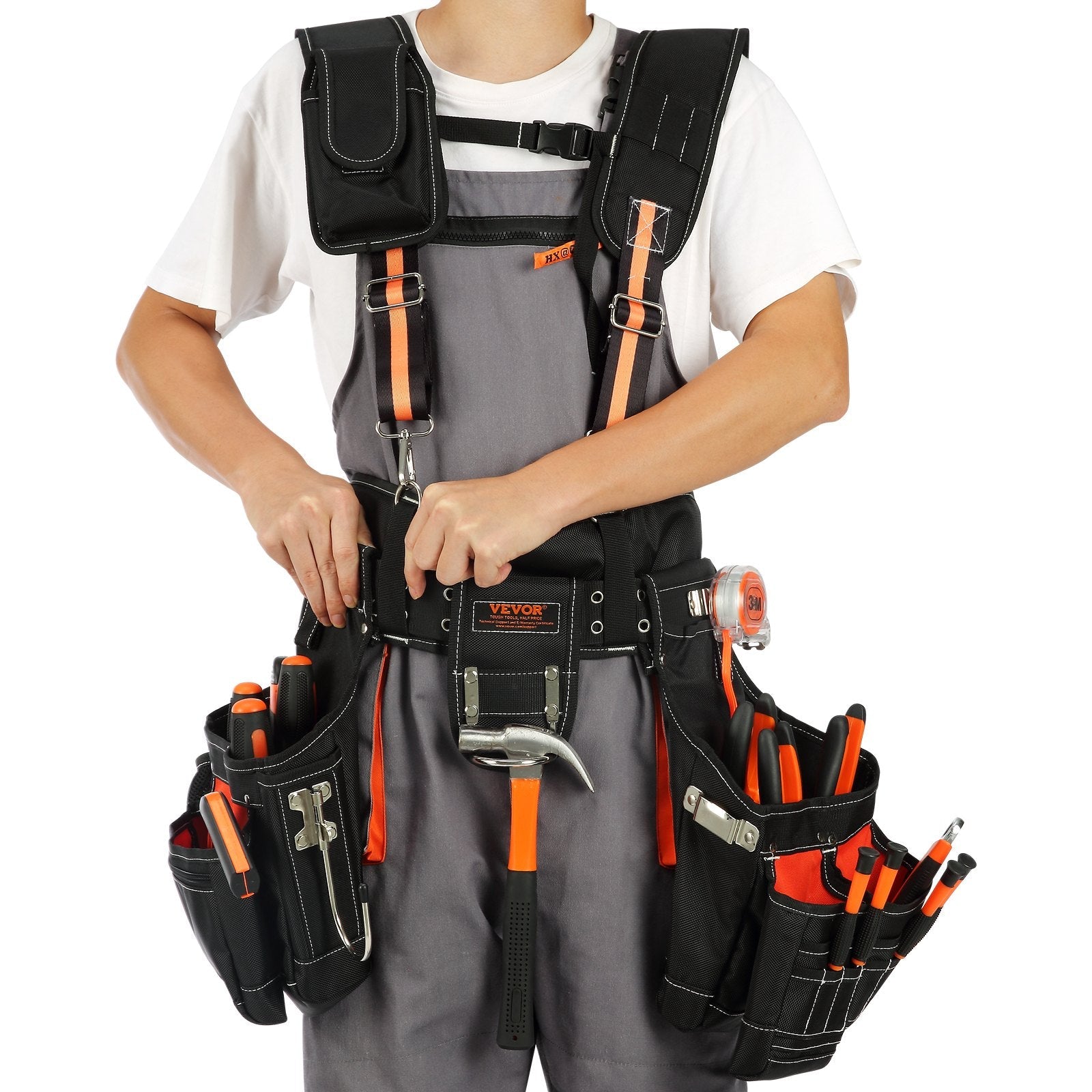 VEVOR Tool Belt with Suspenders, 29 Pockets, 29-54 inches Adjustable Waist Size, Tool Belts for Men, 1680D Polyester Heavy Duty Carpenter Tool Pouch for Carpenters, Electricians, and Gardening, Black 