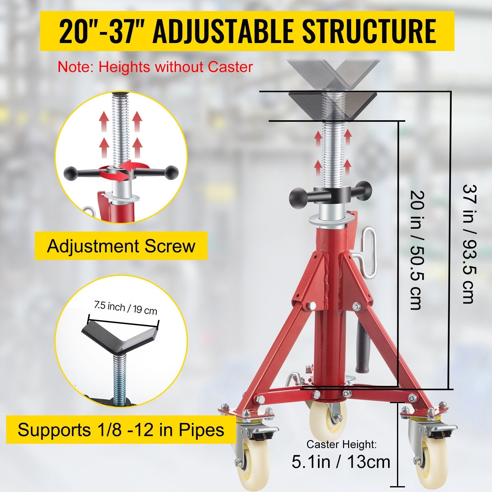 VEVOR Pipe Stand, Pipe Jack Stand, V Head Pipe Stand Adjustable Height 20-37 Inch, Pipe Jack Stands with Casters 882 LB, Folding Portable Pipe Stands 1/8 to 12 Inch Pipe Supporting, Steel Jack Stand 