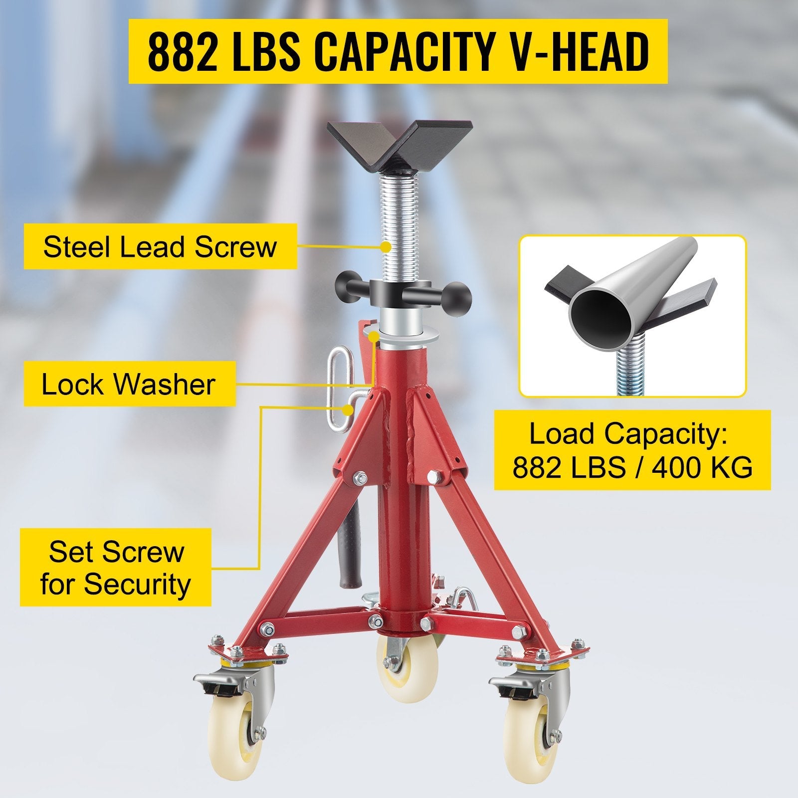 VEVOR Pipe Stand, Pipe Jack Stand, V Head Pipe Stand Adjustable Height 20-37 Inch, Pipe Jack Stands with Casters 882 LB, Folding Portable Pipe Stands 1/8 to 12 Inch Pipe Supporting, Steel Jack Stand 
