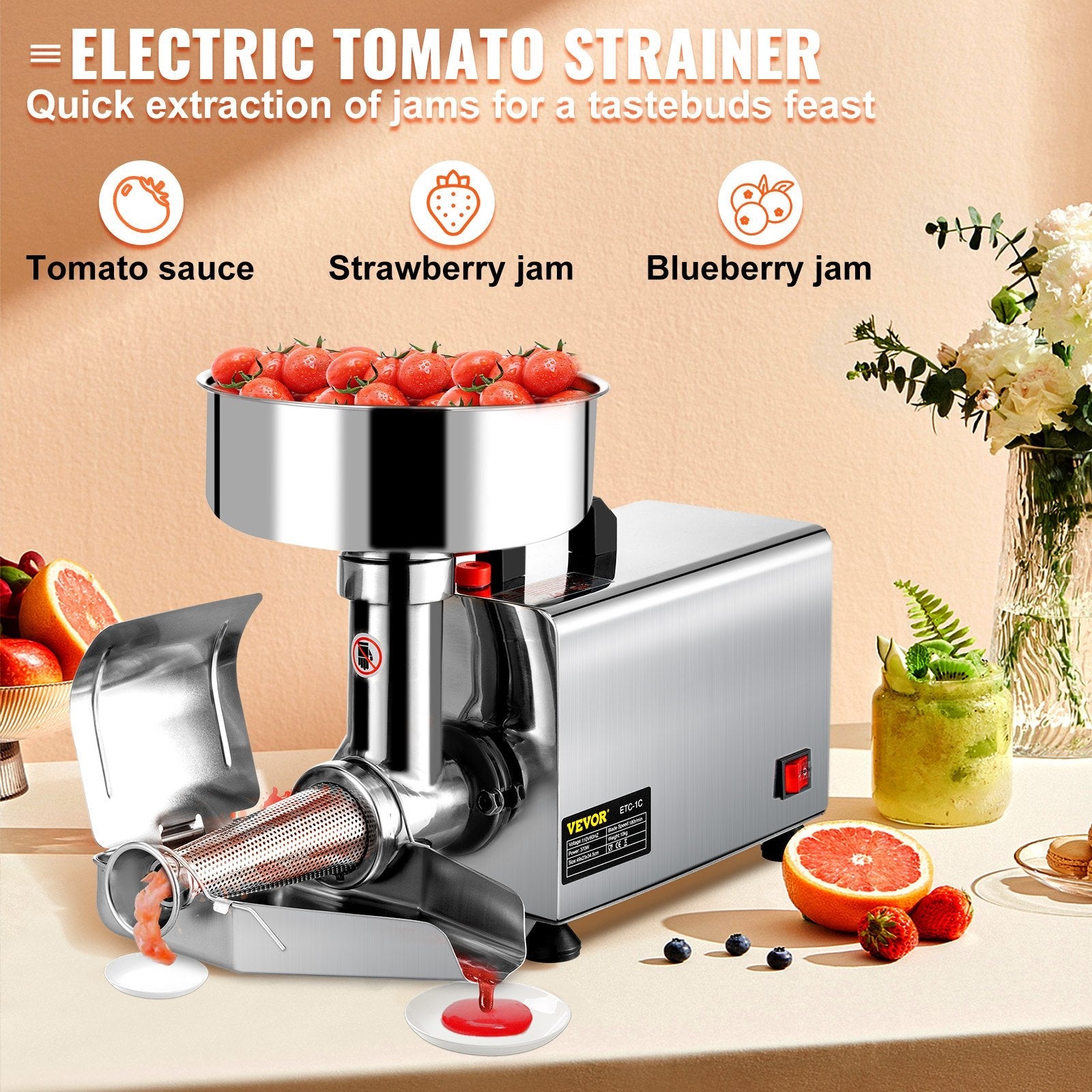 VEVOR 110V Electric Tomato Strainer 370W Commercial Grade Tomato Milling Machine Stainless Steel Tomato Press and Strainer 90-160 Kg/H Pure Copper Motor Food Strainer and Sauce Maker 