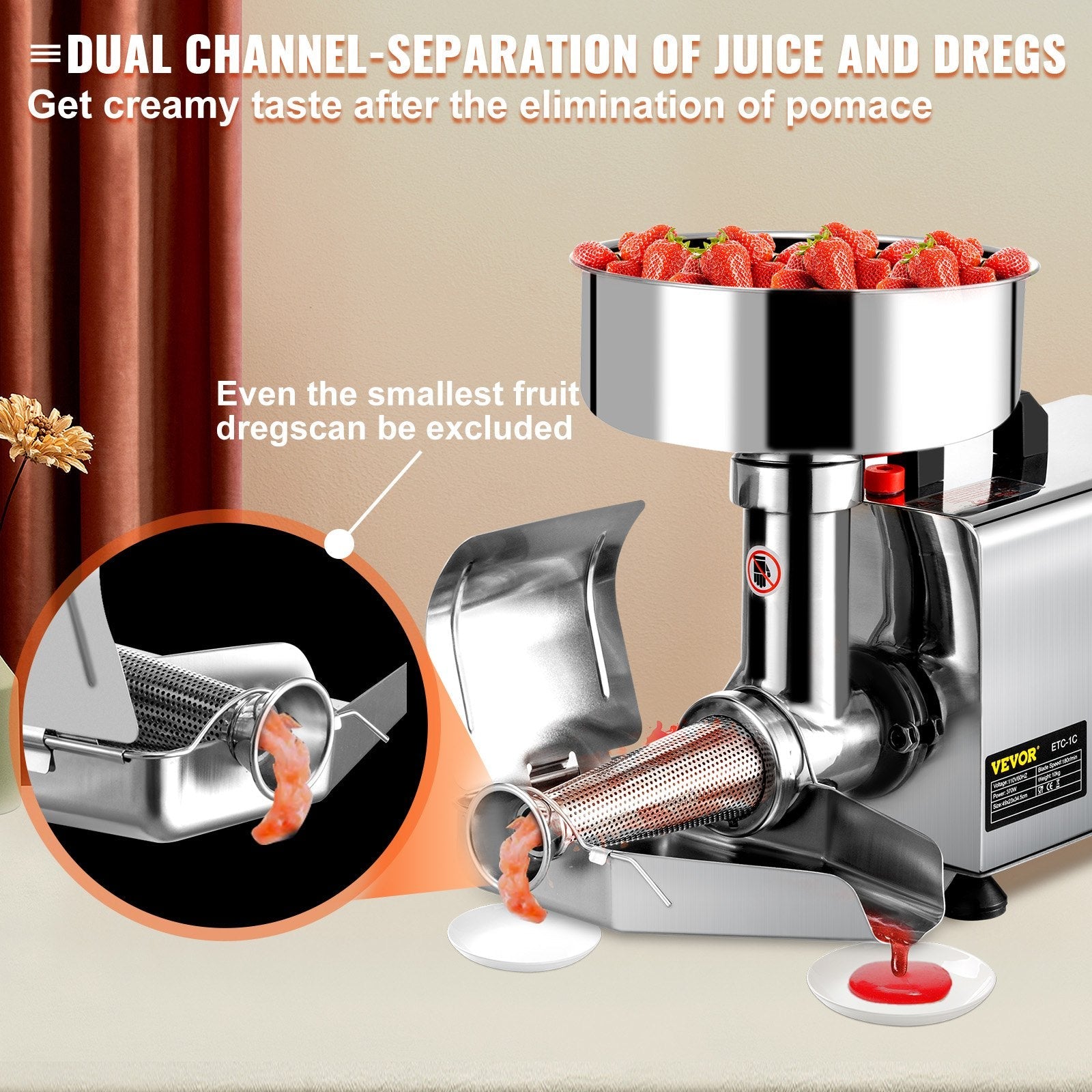 VEVOR 110V Electric Tomato Strainer 370W Commercial Grade Tomato Milling Machine Stainless Steel Tomato Press and Strainer 90-160 Kg/H Pure Copper Motor Food Strainer and Sauce Maker 