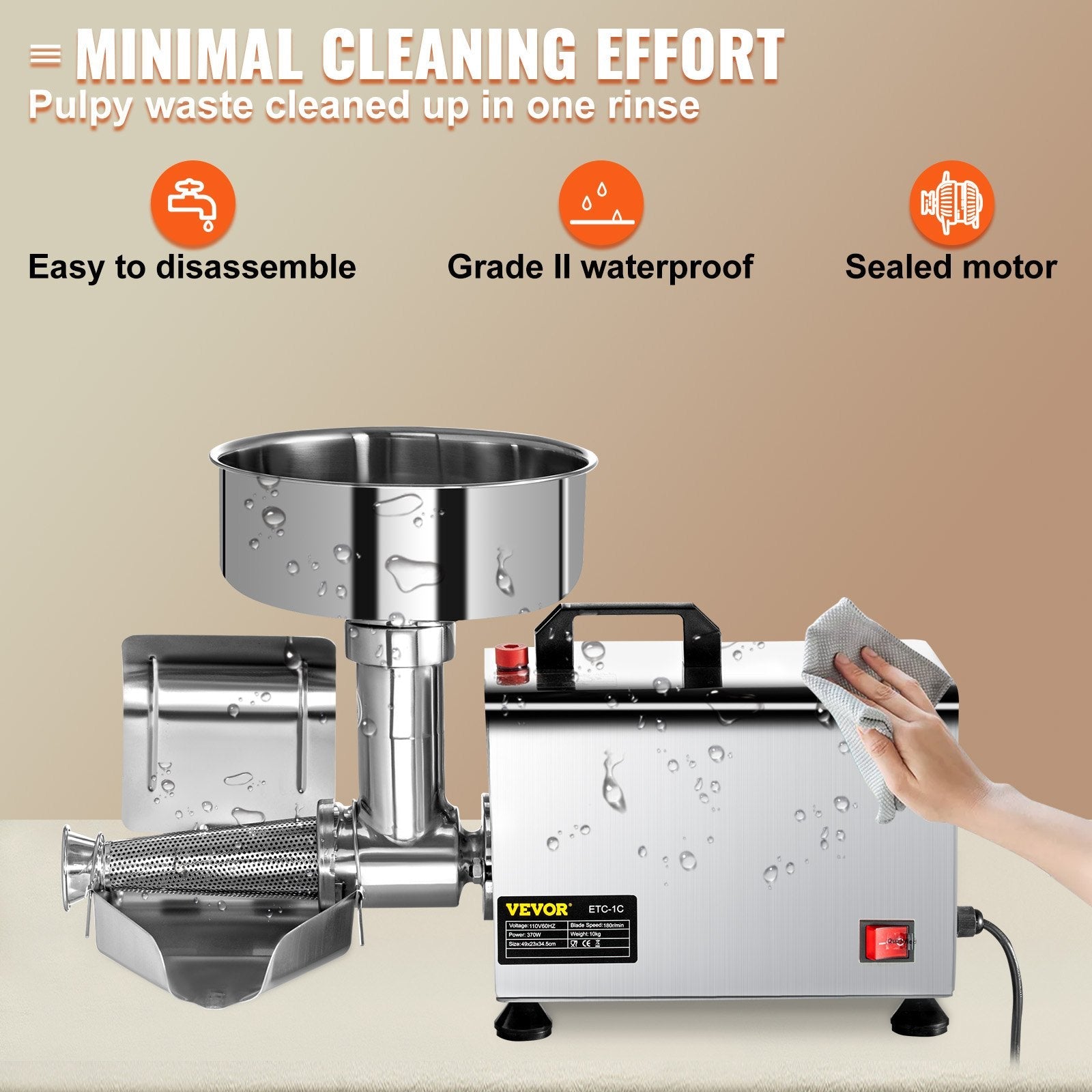 VEVOR 110V Electric Tomato Strainer 370W Commercial Grade Tomato Milling Machine Stainless Steel Tomato Press and Strainer 90-160 Kg/H Pure Copper Motor Food Strainer and Sauce Maker 