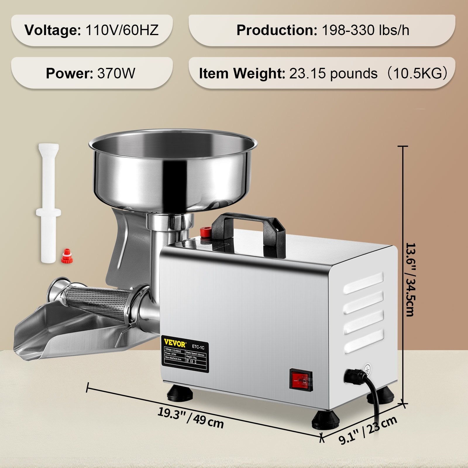 VEVOR 110V Electric Tomato Strainer 370W Commercial Grade Tomato Milling Machine Stainless Steel Tomato Press and Strainer 90-160 Kg/H Pure Copper Motor Food Strainer and Sauce Maker 