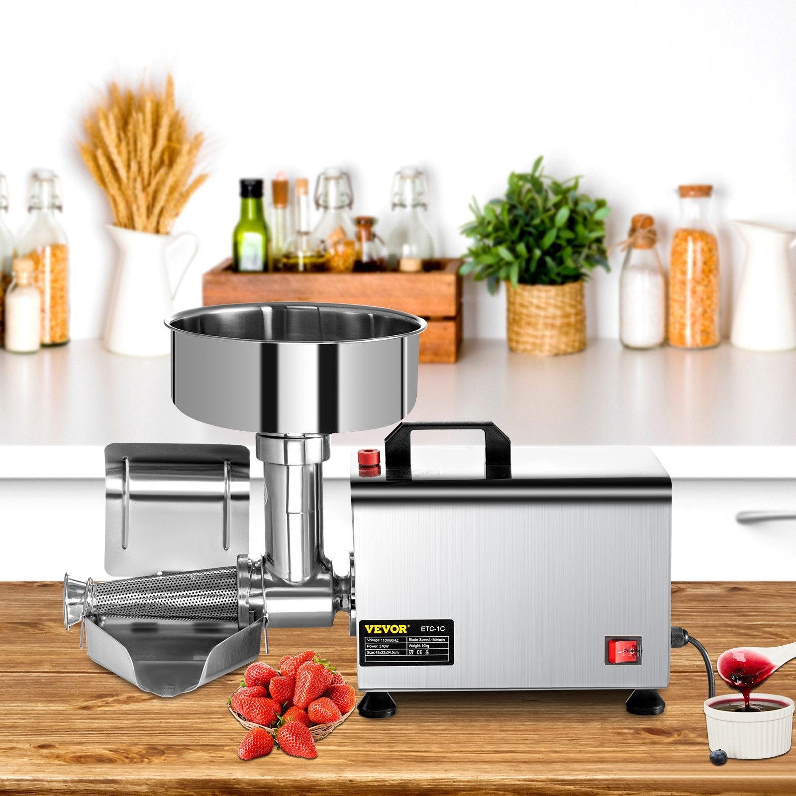 VEVOR 110V Electric Tomato Strainer 370W Commercial Grade Tomato Milling Machine Stainless Steel Tomato Press and Strainer 90-160 Kg/H Pure Copper Motor Food Strainer and Sauce Maker 