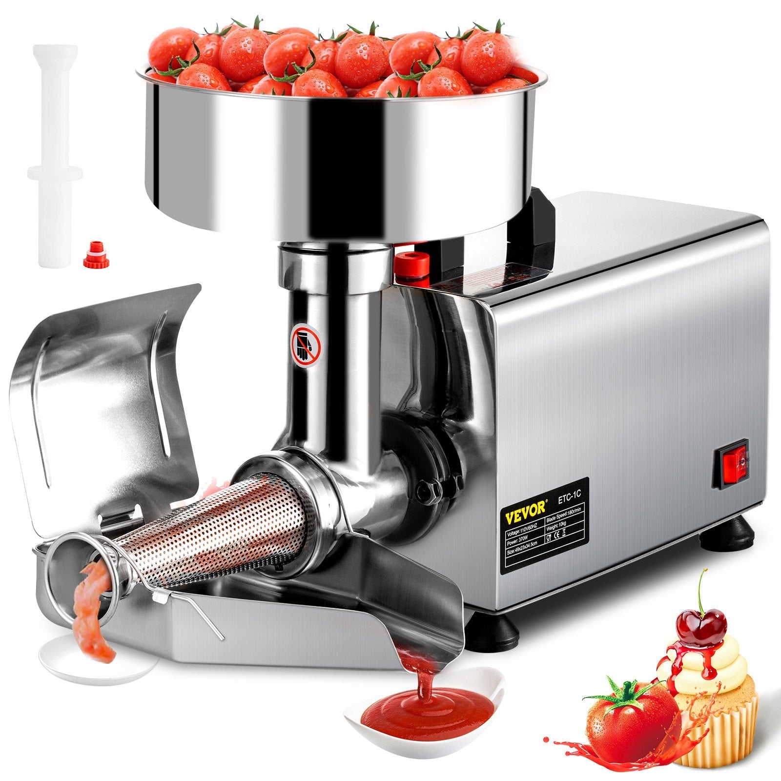 VEVOR 110V Electric Tomato Strainer 370W Commercial Grade Tomato Milling Machine Stainless Steel Tomato Press and Strainer 90-160 Kg/H Pure Copper Motor Food Strainer and Sauce Maker 