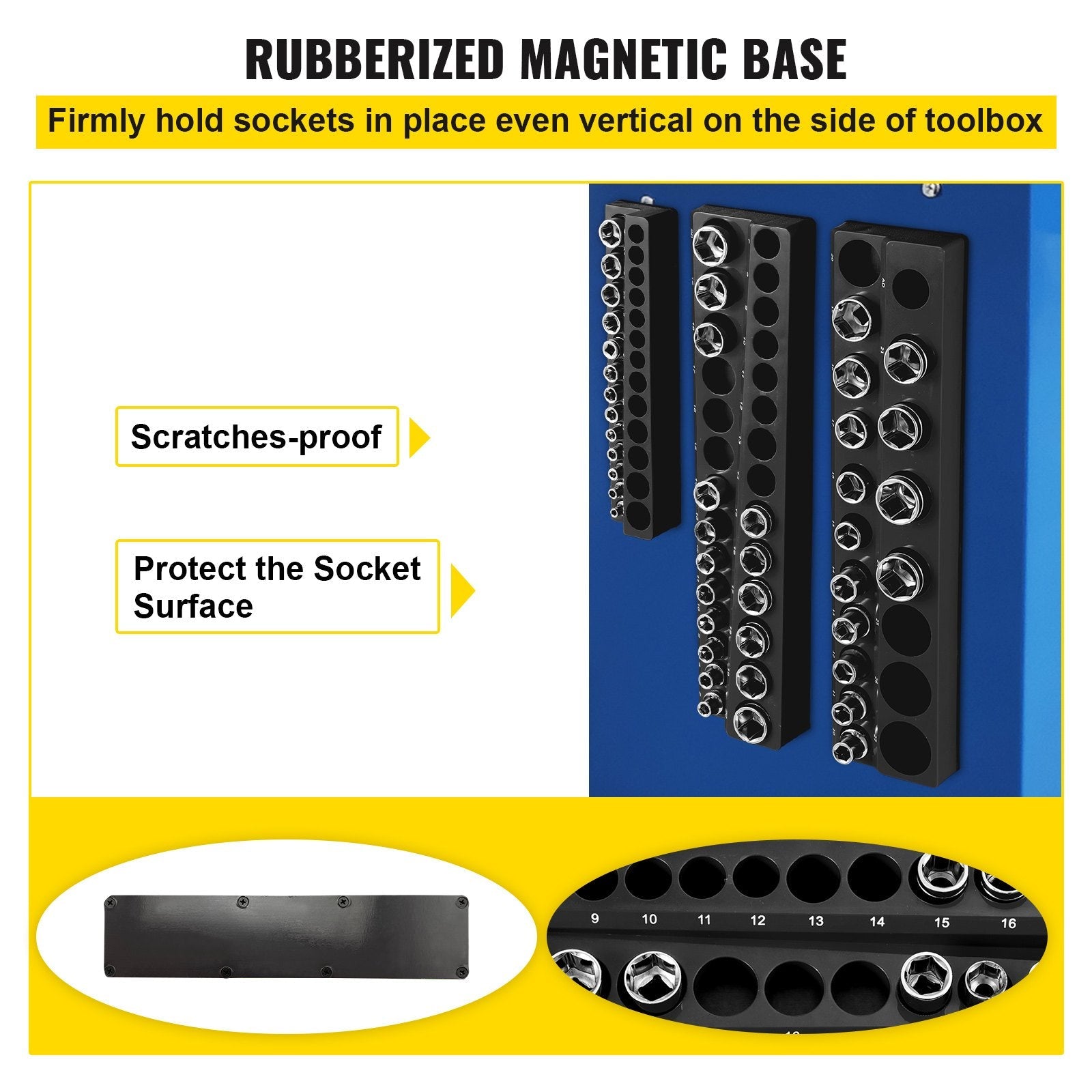 VEVOR 3-Pack Metric Magnetic Socket Organizers, 1/2-inch, 3/8-inch, 1/4-inch Drive Socket Holders Hold 75 Sockets, Black Tool Box Organizer for Sockets Storage 